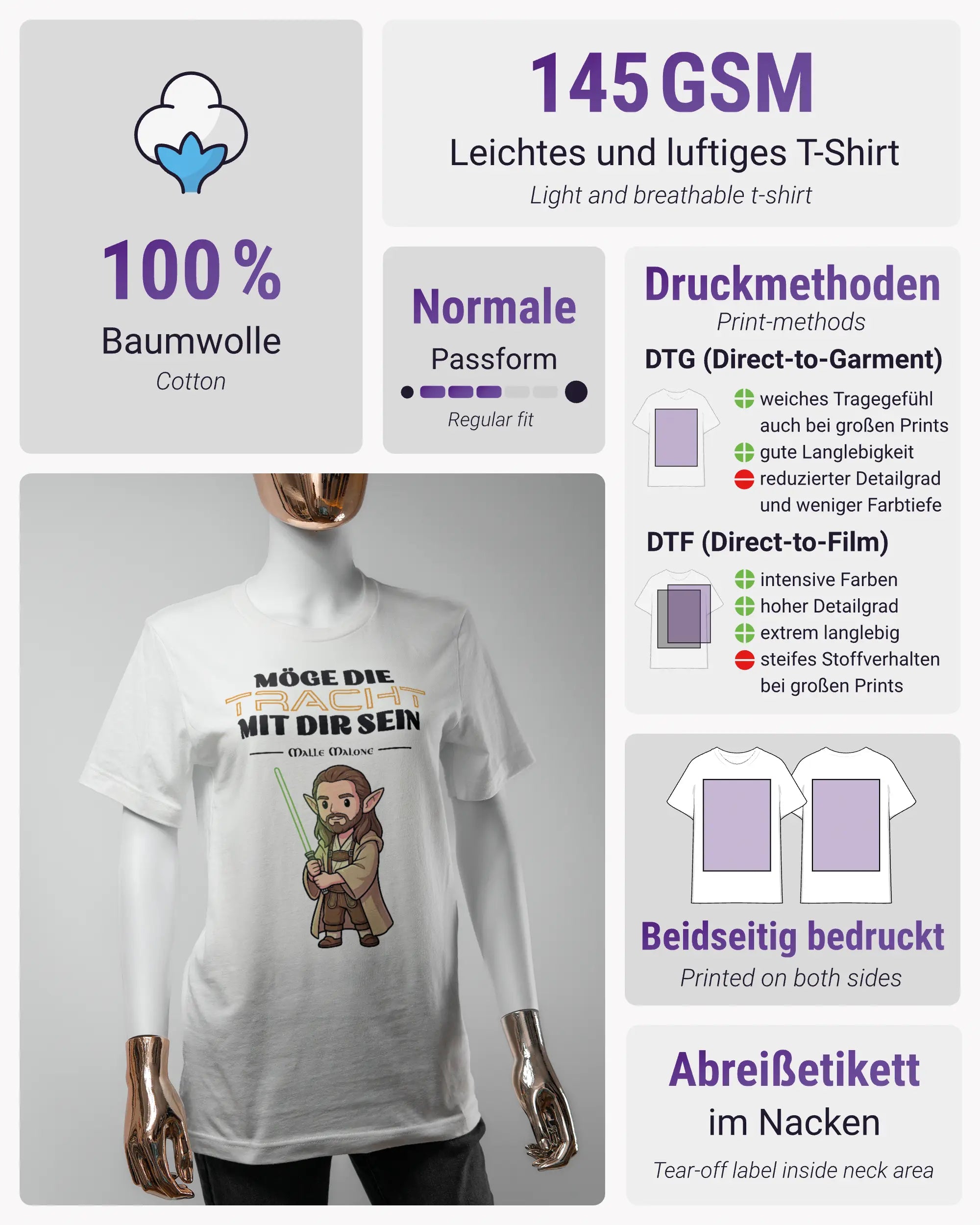 Produktinformationsblatt des Basic Unisex T-Shirt Light von Maondo mit dem Design Tracht mit dir vorne in der Farbe White und in der Größe S