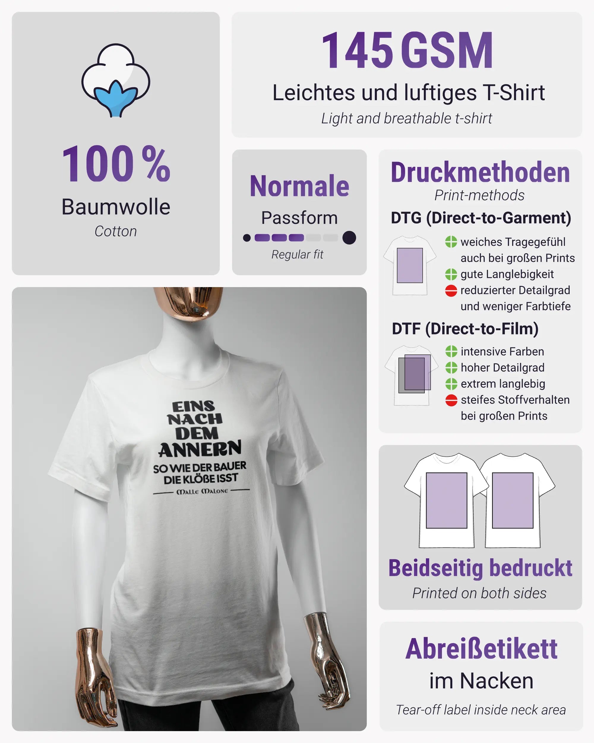 Produktinformationsblatt des Basic Unisex T-Shirt Light von Maondo mit dem Design Eins nach dem Annern vorne in der Farbe White und in der Größe S