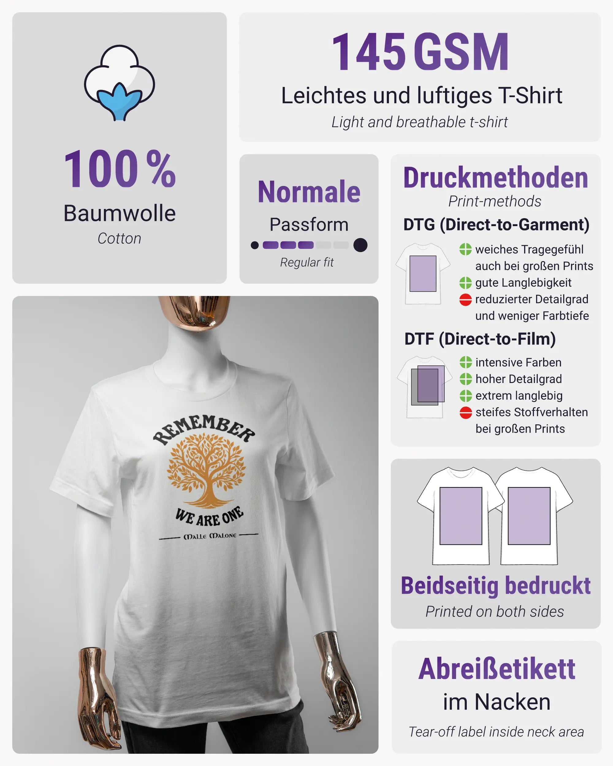 Produktinformationsblatt des Basic Unisex T-Shirt Light von Maondo mit dem Design We are one vorne in der Farbe White und in der Größe S