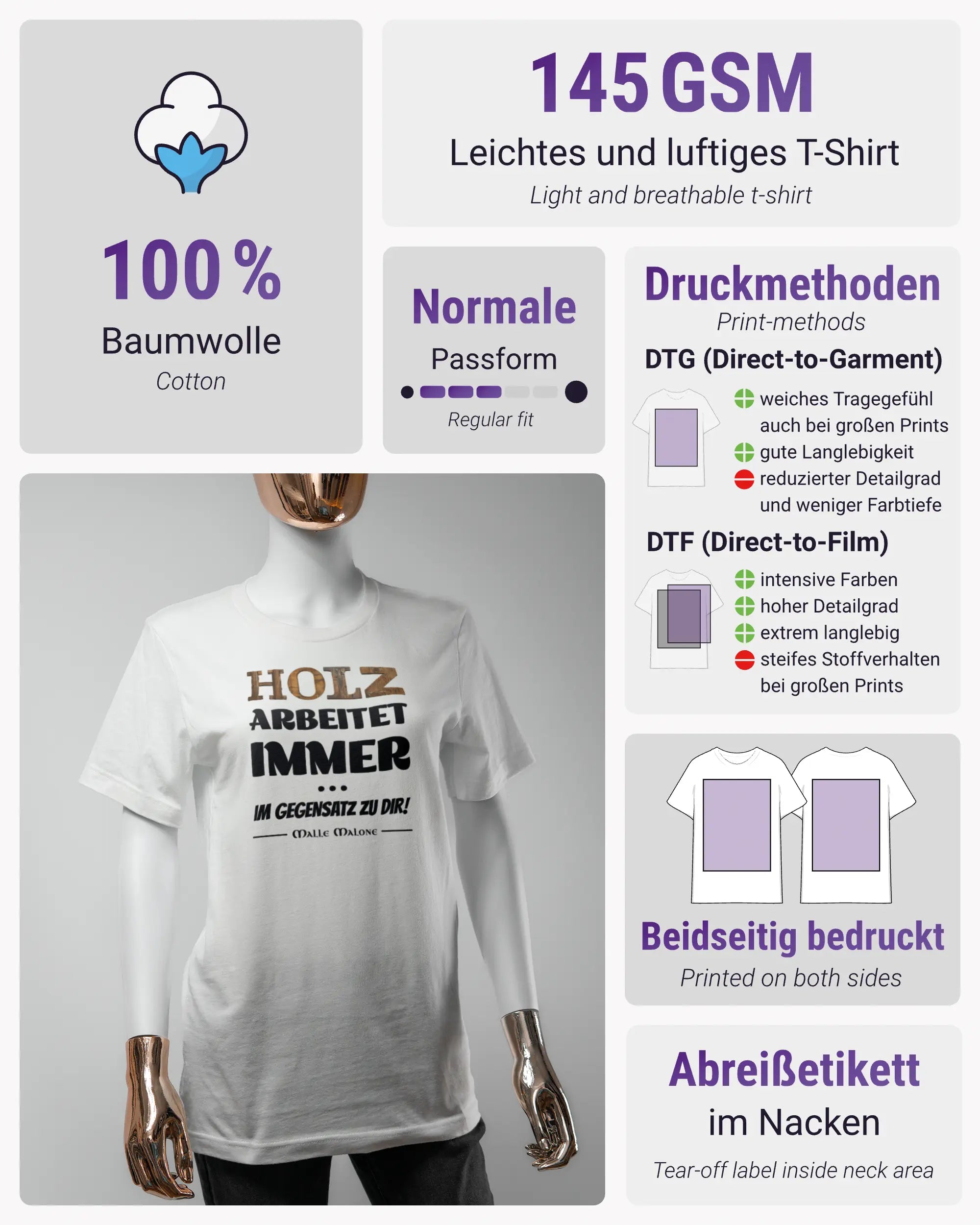 Produktinformationsblatt des Basic Unisex T-Shirt Light von Maondo mit dem Design Holzarbeit vorne in der Farbe White und in der Größe S