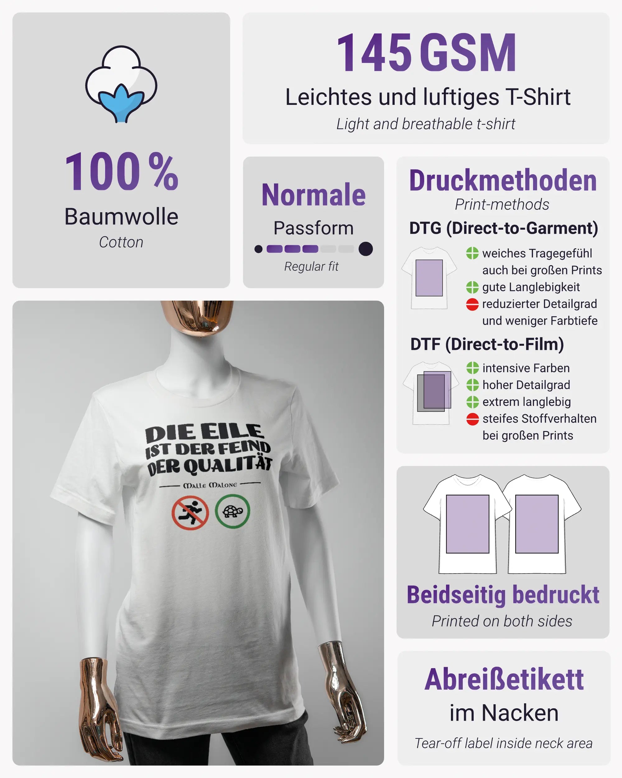 Produktinformationsblatt des Basic Unisex T-Shirt Light von Maondo mit dem Design Keine Eile vorne in der Farbe White und in der Größe S