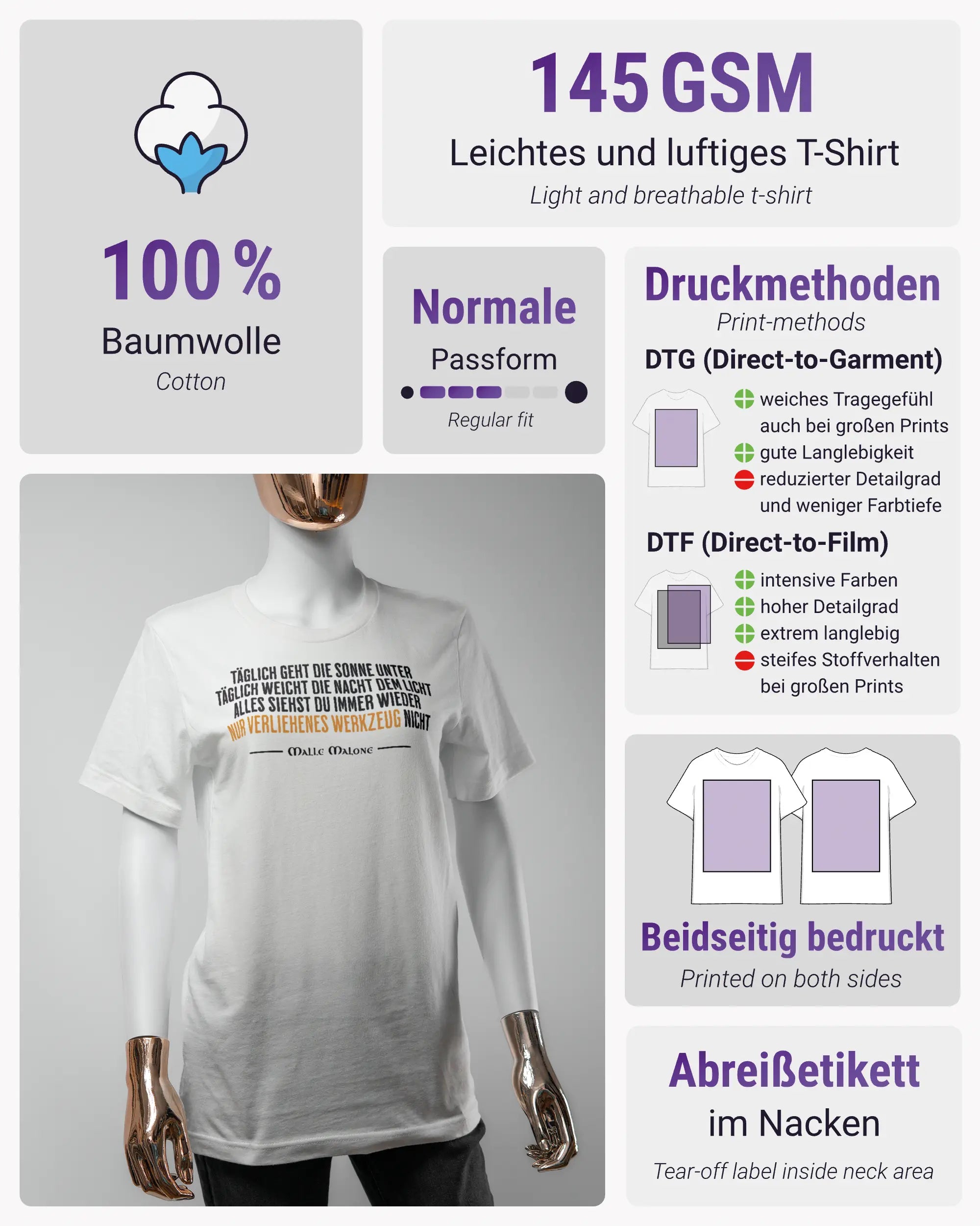 Produktinformationsblatt des Basic Unisex T-Shirt Light von Maondo mit dem Design Wegzeug vorne in der Farbe White und in der Größe S