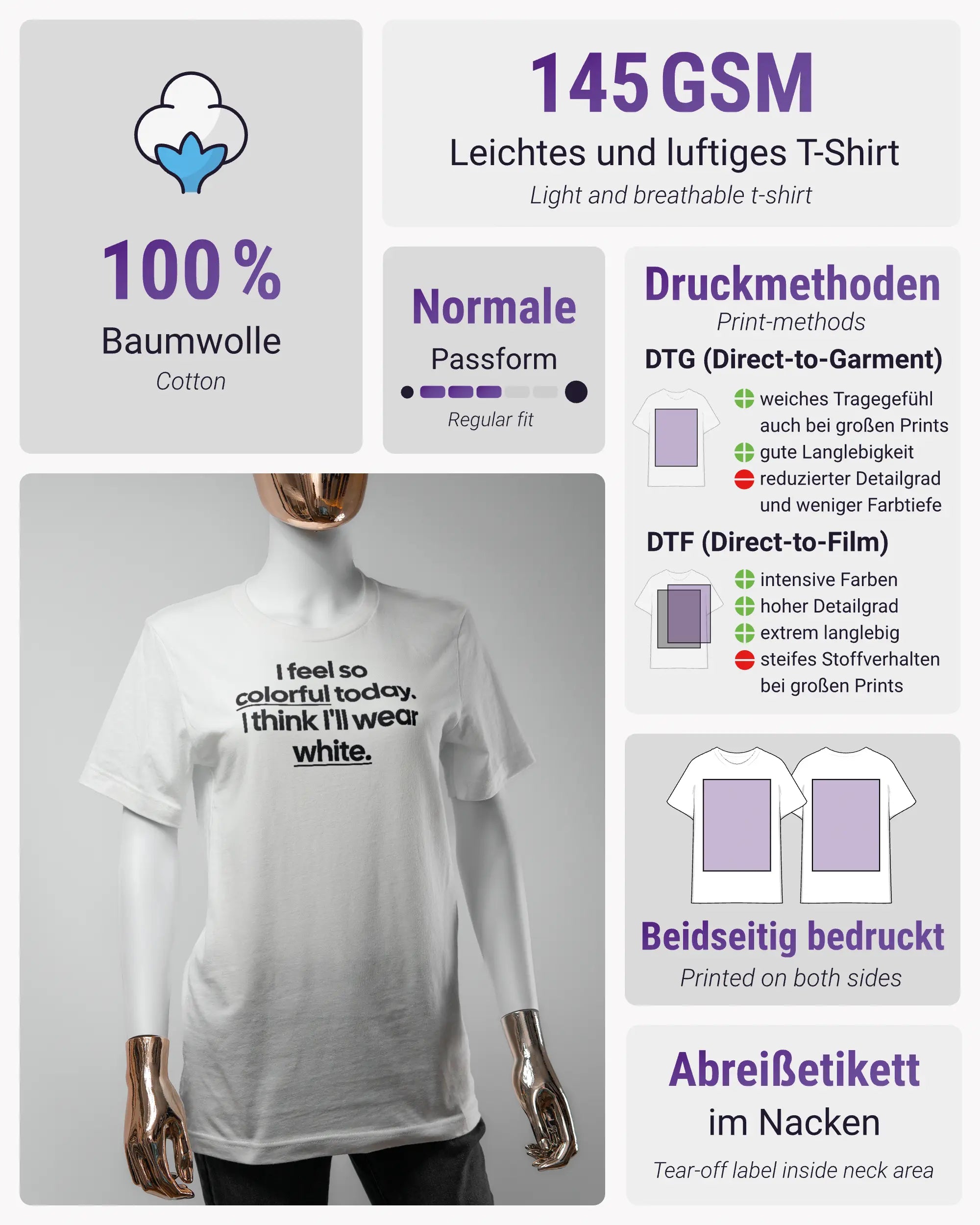 Produktinformationsblatt des Basic Unisex T-Shirt Light von Maondo mit dem Design Colorful Day vorne in der Farbe White und in der Größe S