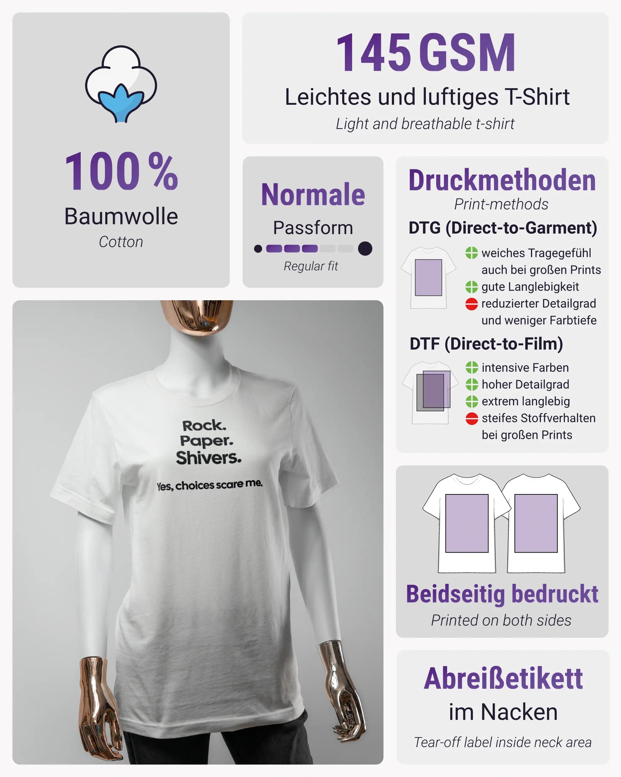 Produktinformationsblatt des Basic Unisex T-Shirt Light von Maondo mit dem Design Rock Paper Shivers vorne in der Farbe White und in der Größe S