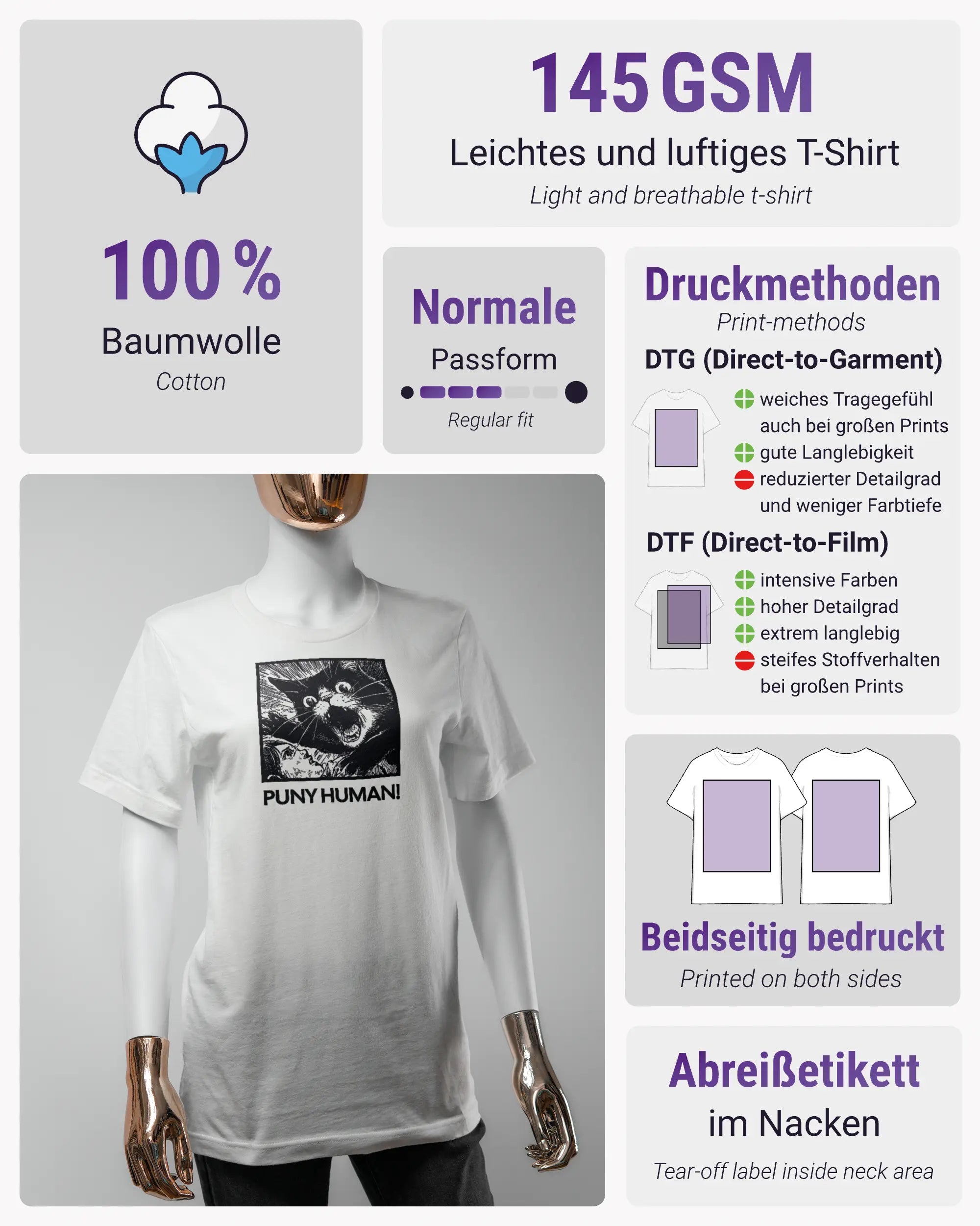 Produktinformationsblatt des Basic Unisex T-Shirt Light von Maondo mit dem Design Puny Human vorne in der Farbe White und in der Größe S