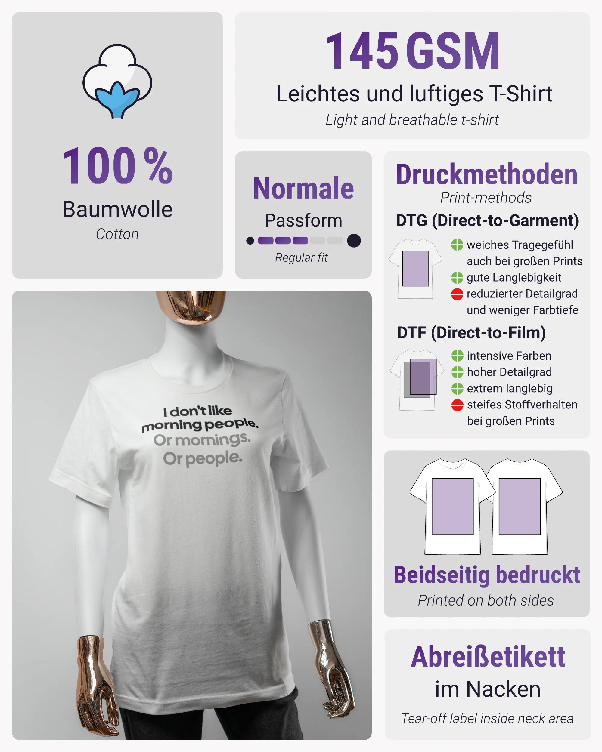 Produktinformationsblatt des Basic Unisex T-Shirt Light von Maondo mit dem Design Morning Person vorne in der Farbe White und in der Größe S