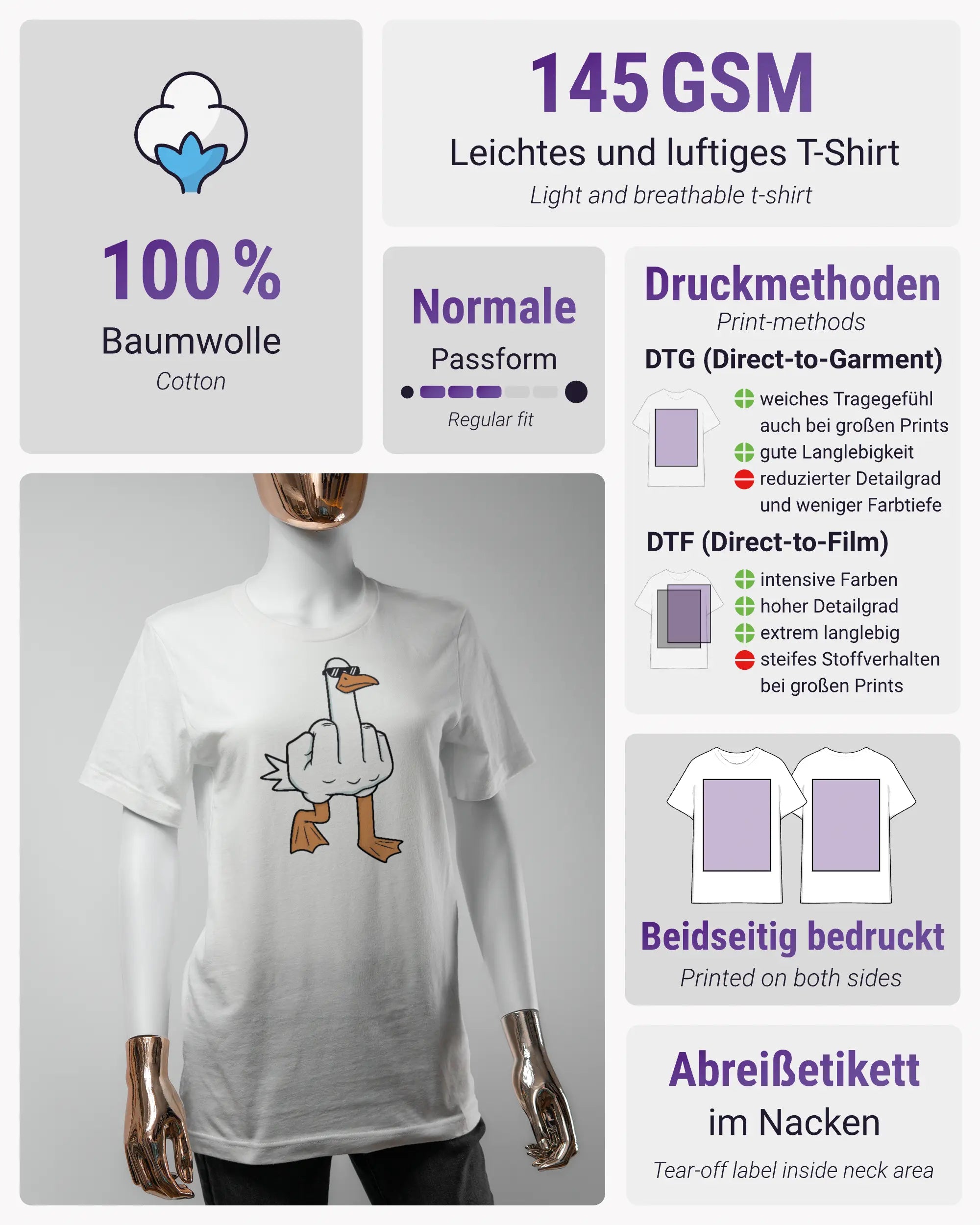 Produktinformationsblatt des Basic Unisex T-Shirt Light von Maondo mit dem Design I give a duck vorne in der Farbe White und in der Größe S