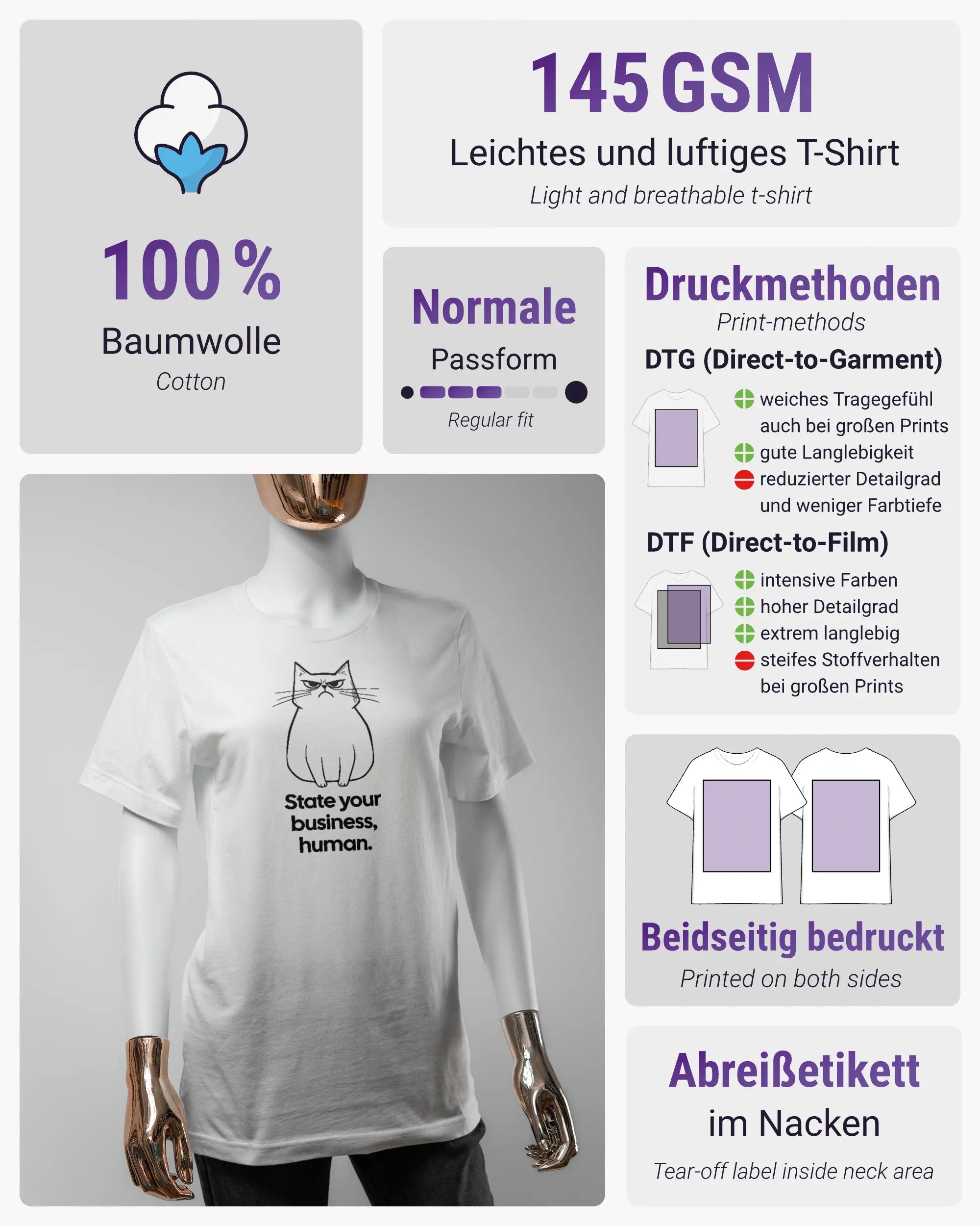 Produktinformationsblatt des Basic Unisex T-Shirt Light von Maondo mit dem Design Grumpy Purr vorne in der Farbe White und in der Größe S