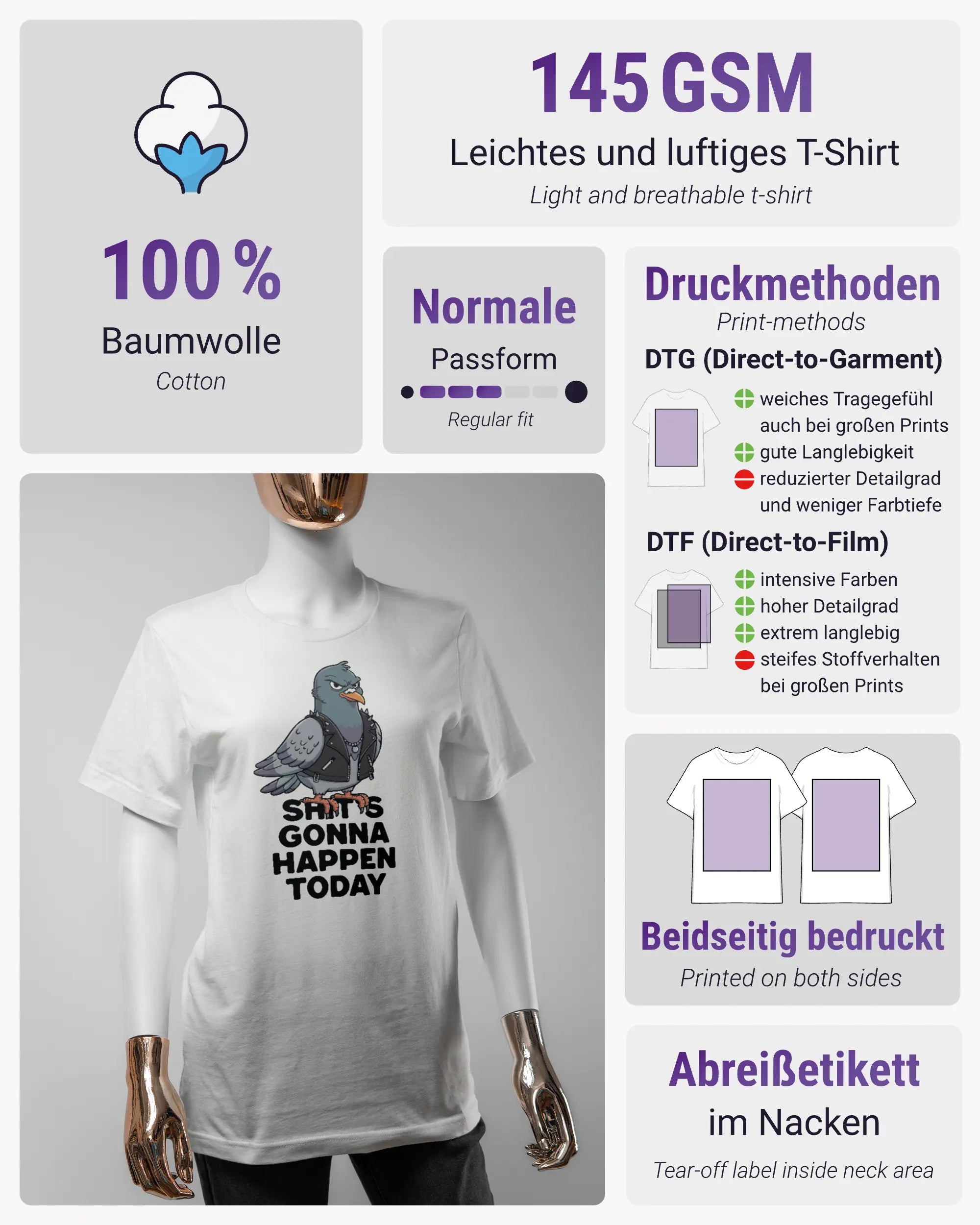 Produktinformationsblatt des Basic Unisex T-Shirt Light von Maondo mit dem Design Pigeon Pun vorne in der Farbe White und in der Größe S