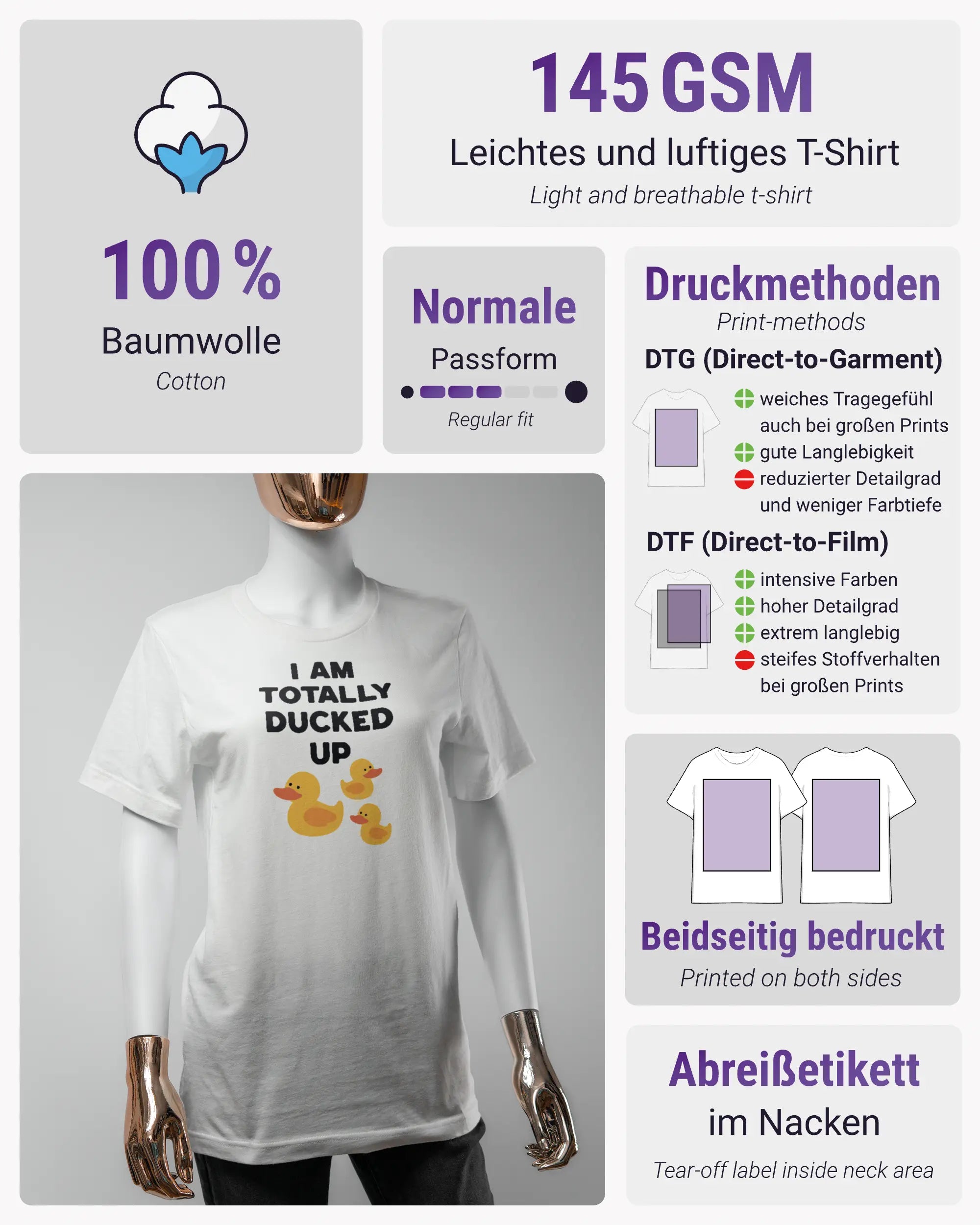 Produktinformationsblatt des Basic Unisex T-Shirt Light von Maondo mit dem Design Ducked Up vorne in der Farbe White und in der Größe S