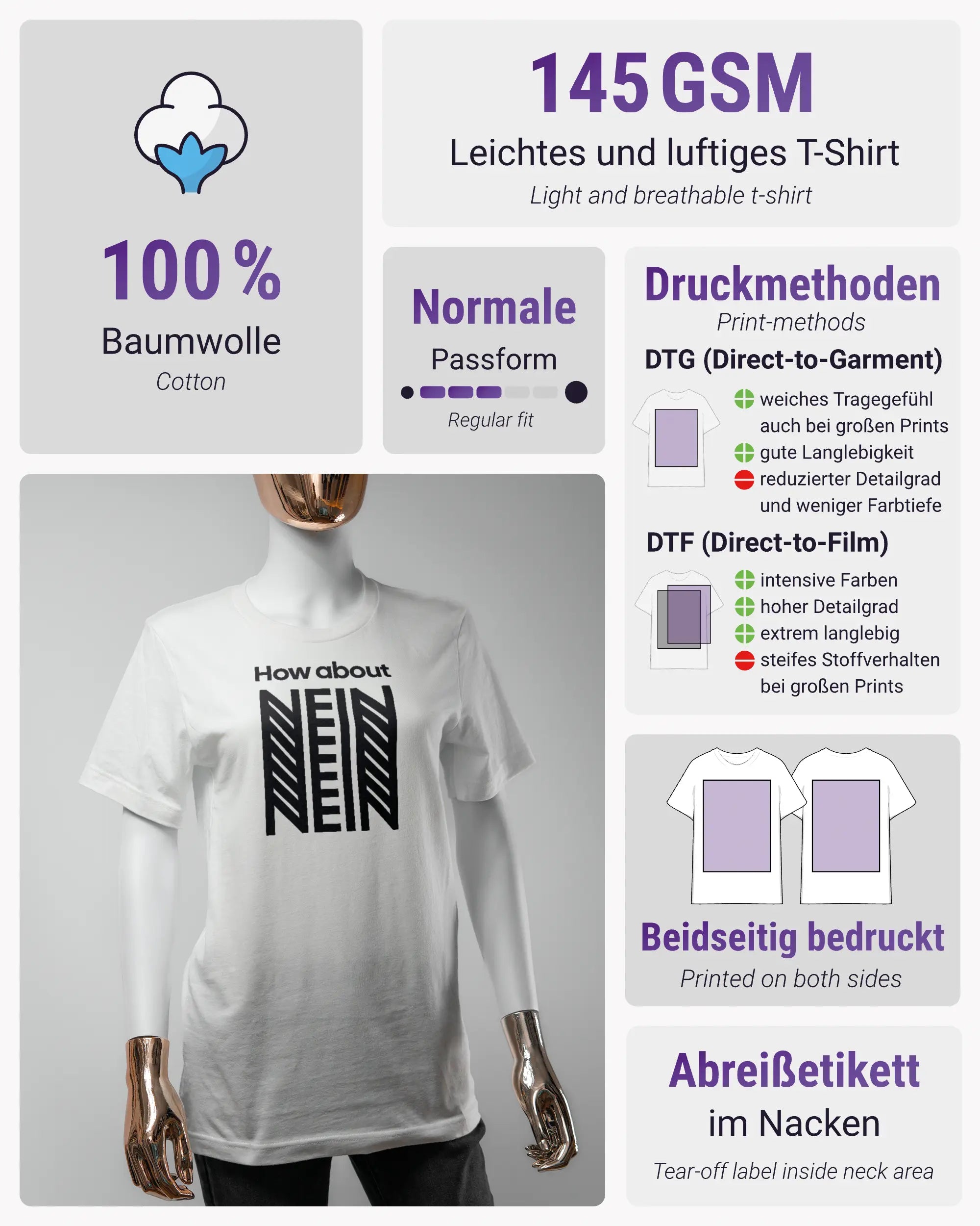 Produktinformationsblatt des Basic Unisex T-Shirt Light von Maondo mit dem Design How about nein vorne in der Farbe White und in der Größe S
