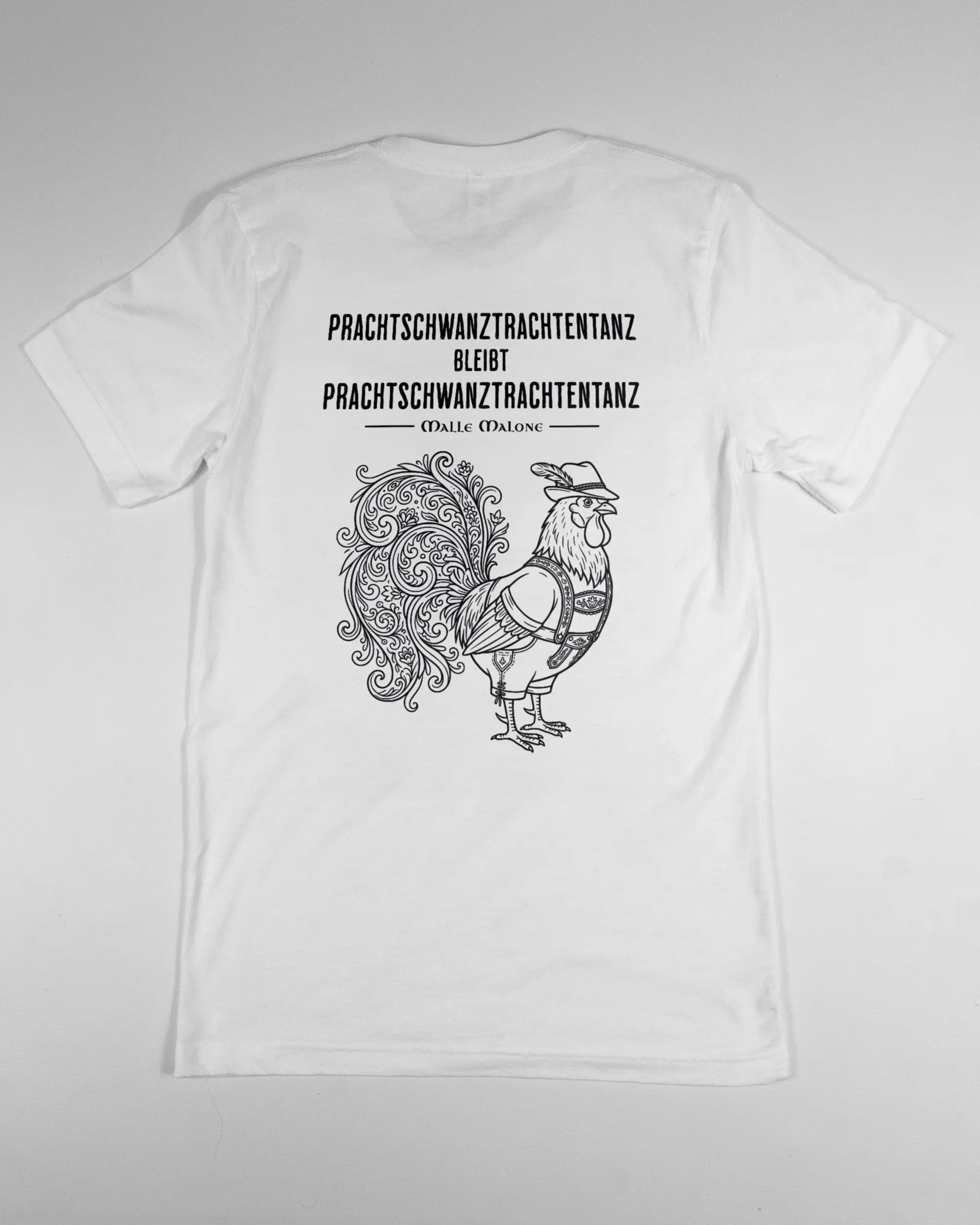 Rückseite des Basic Unisex T-Shirt Light von Maondo mit dem Design Trachtentanz in der Farbe White und in der Größe S flach auf den Boden gelegt