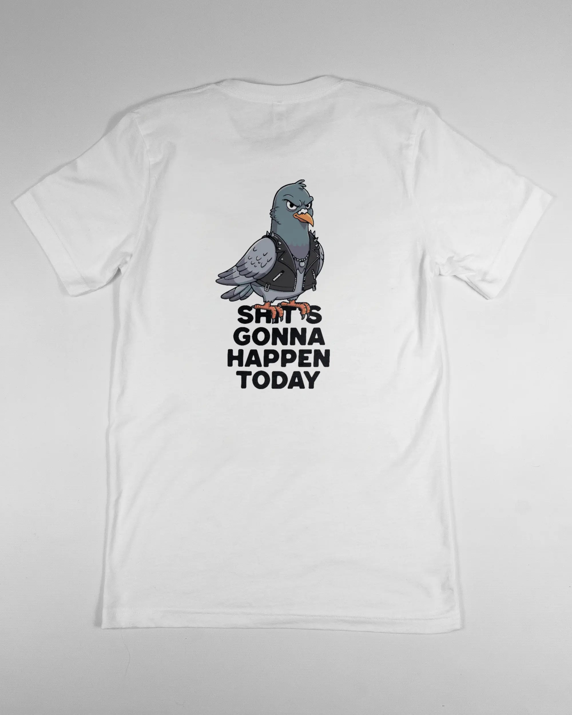 Rückseite des Basic Unisex T-Shirt Light von Maondo mit dem Design Pigeon Pun in der Farbe White und in der Größe S flach auf den Boden gelegt