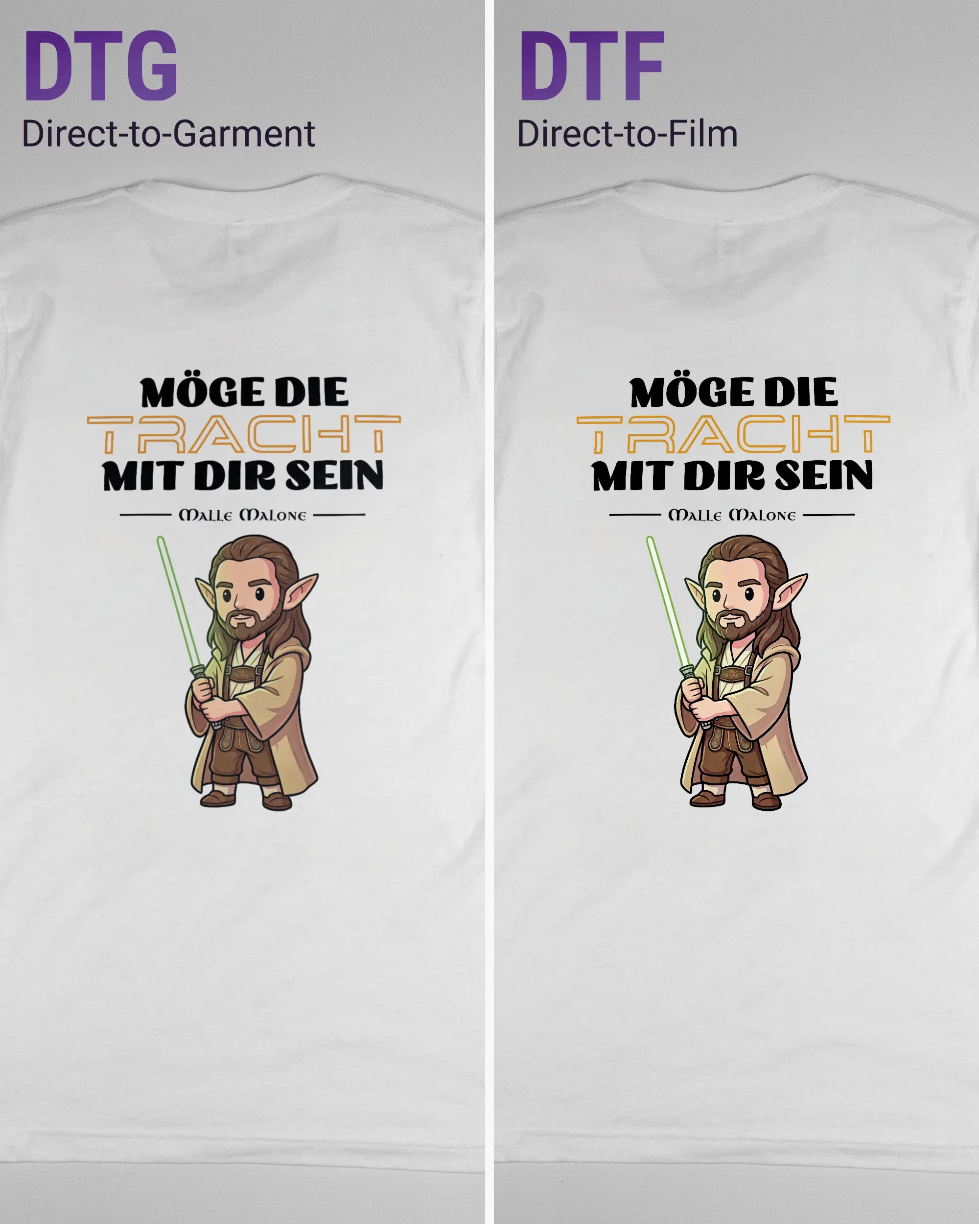Vergleich der Rückseiten des Basic Unisex T-Shirt Light von Maondo mit dem Design Tracht mit dir in der Farbe White und in der Größe S links mit dem Direct-to-Garment und rechts mit dem Direct-to-Film Verfahren