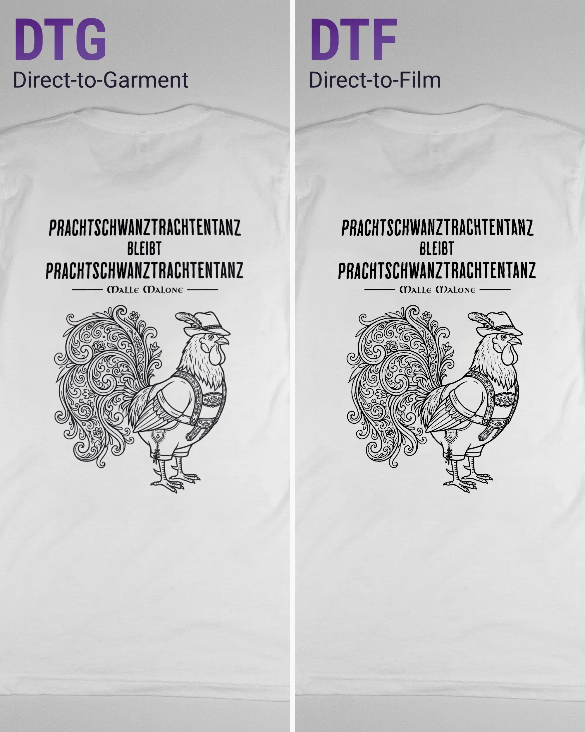Vergleich der Rückseiten des Basic Unisex T-Shirt Light von Maondo mit dem Design Trachtentanz in der Farbe White und in der Größe S links mit dem Direct-to-Garment und rechts mit dem Direct-to-Film Verfahren