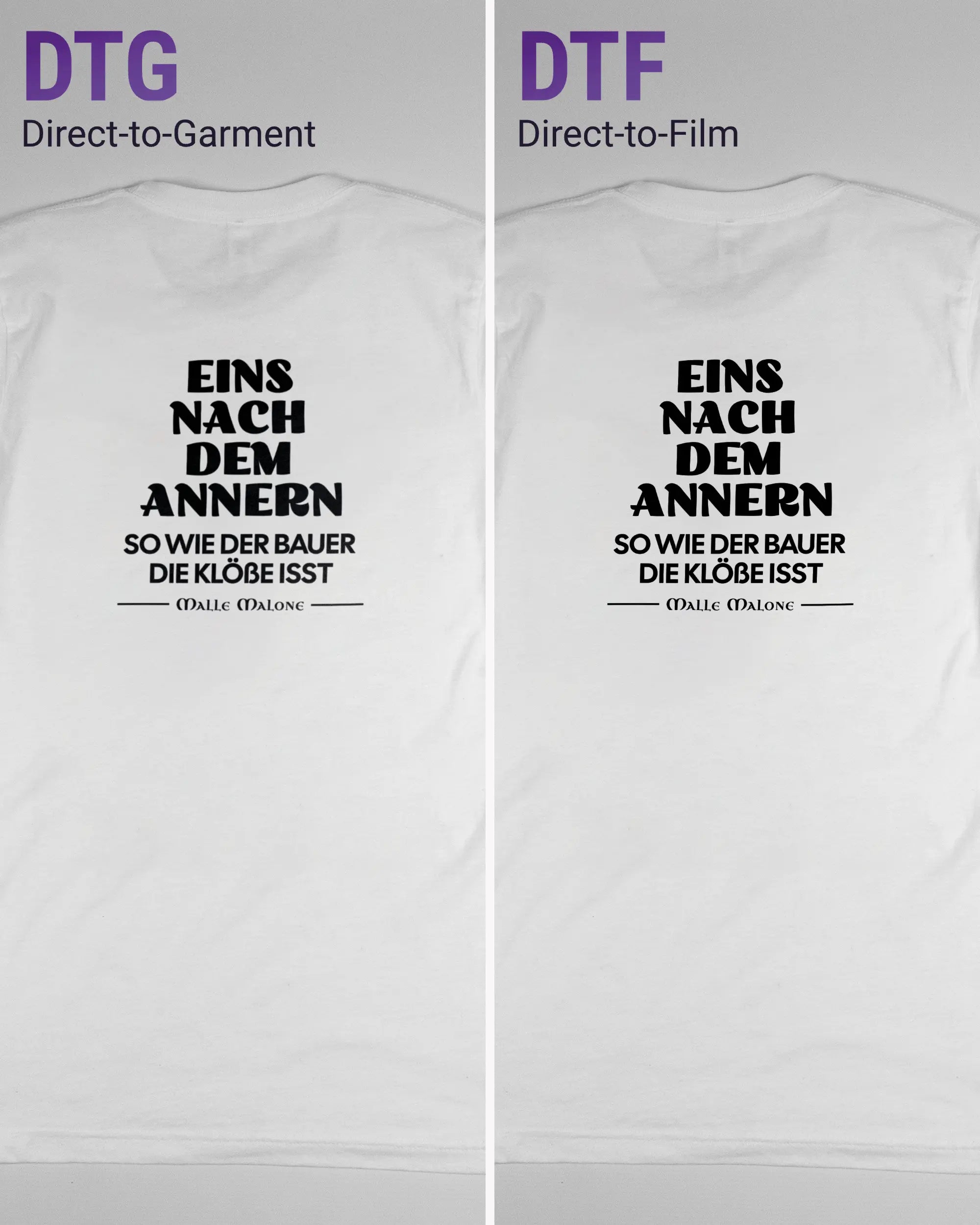 Vergleich der Rückseiten des Basic Unisex T-Shirt Light von Maondo mit dem Design Eins nach dem Annern in der Farbe White und in der Größe S links mit dem Direct-to-Garment und rechts mit dem Direct-to-Film Verfahren