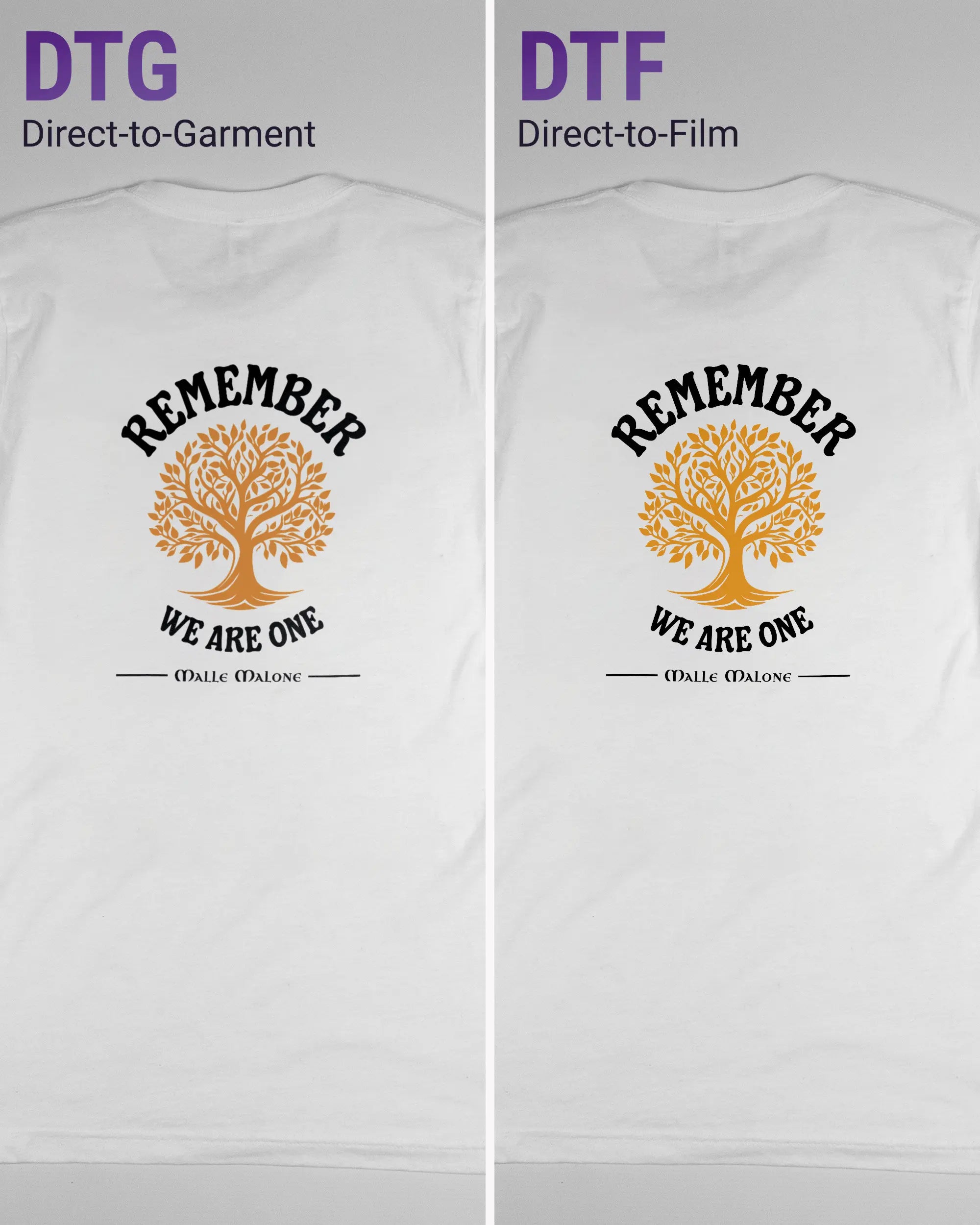 Vergleich der Rückseiten des Basic Unisex T-Shirt Light von Maondo mit dem Design We are one in der Farbe White und in der Größe S links mit dem Direct-to-Garment und rechts mit dem Direct-to-Film Verfahren