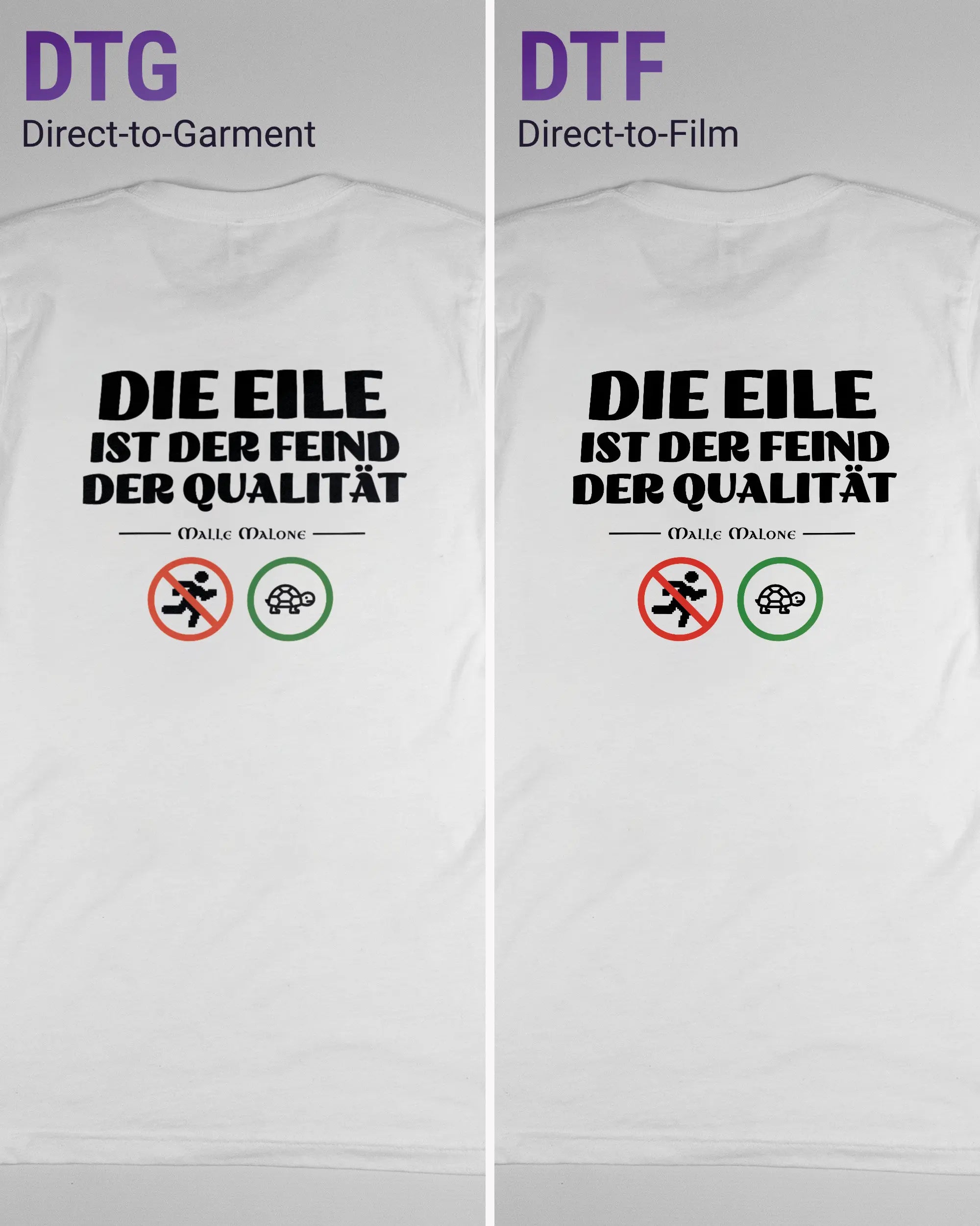 Vergleich der Rückseiten des Basic Unisex T-Shirt Light von Maondo mit dem Design Keine Eile in der Farbe White und in der Größe S links mit dem Direct-to-Garment und rechts mit dem Direct-to-Film Verfahren