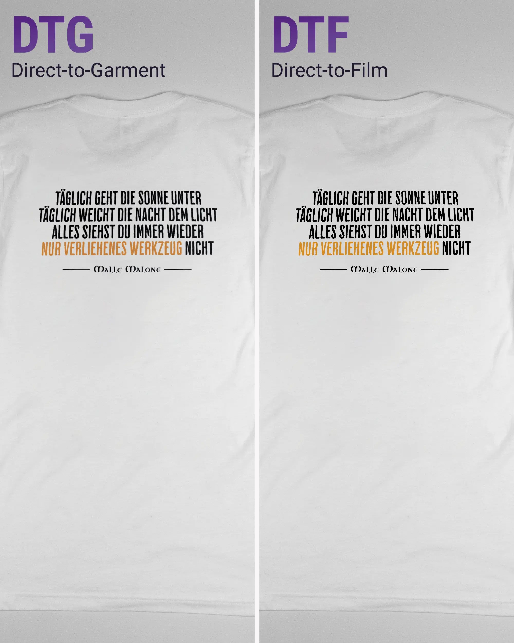 Vergleich der Rückseiten des Basic Unisex T-Shirt Light von Maondo mit dem Design Wegzeug in der Farbe White und in der Größe S links mit dem Direct-to-Garment und rechts mit dem Direct-to-Film Verfahren