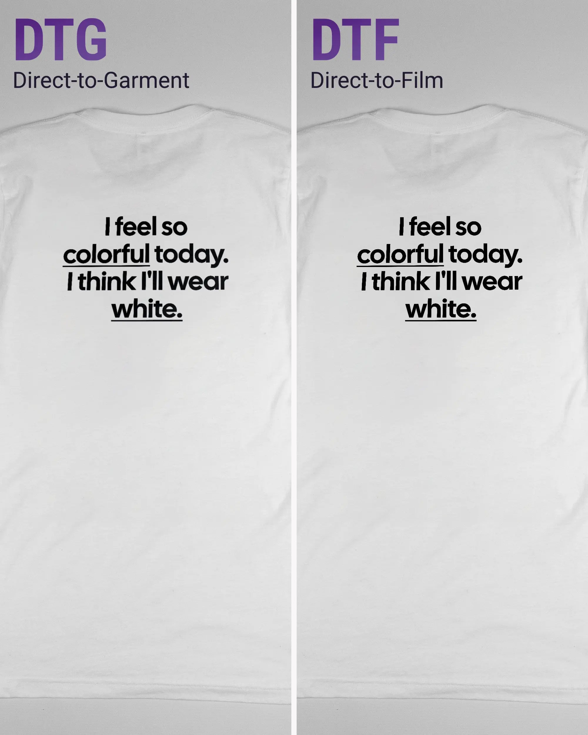 Vergleich der Rückseiten des Basic Unisex T-Shirt Light von Maondo mit dem Design Colorful Day in der Farbe White und in der Größe S links mit dem Direct-to-Garment und rechts mit dem Direct-to-Film Verfahren