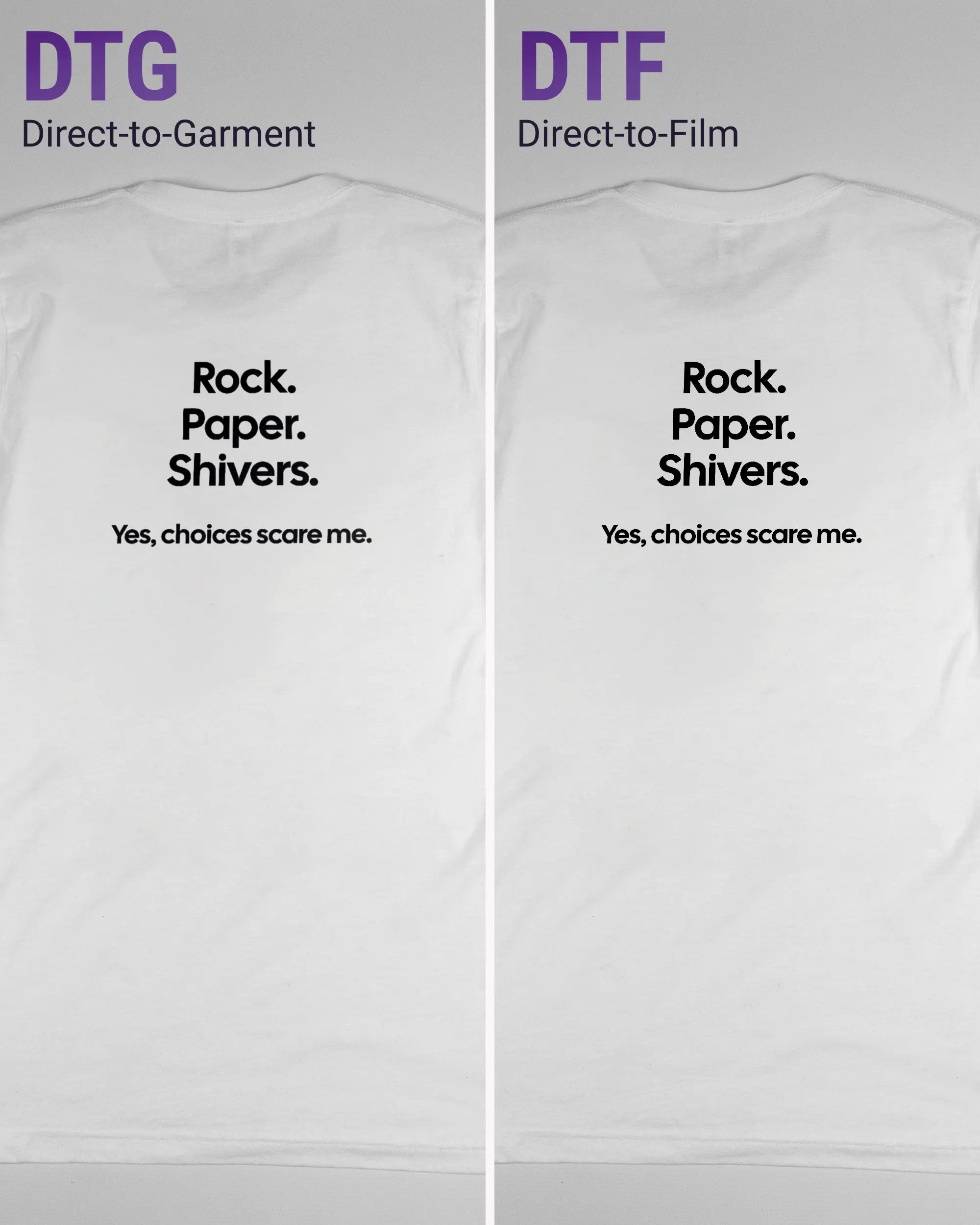 Vergleich der Rückseiten des Basic Unisex T-Shirt Light von Maondo mit dem Design Rock Paper Shivers in der Farbe White und in der Größe S links mit dem Direct-to-Garment und rechts mit dem Direct-to-Film Verfahren