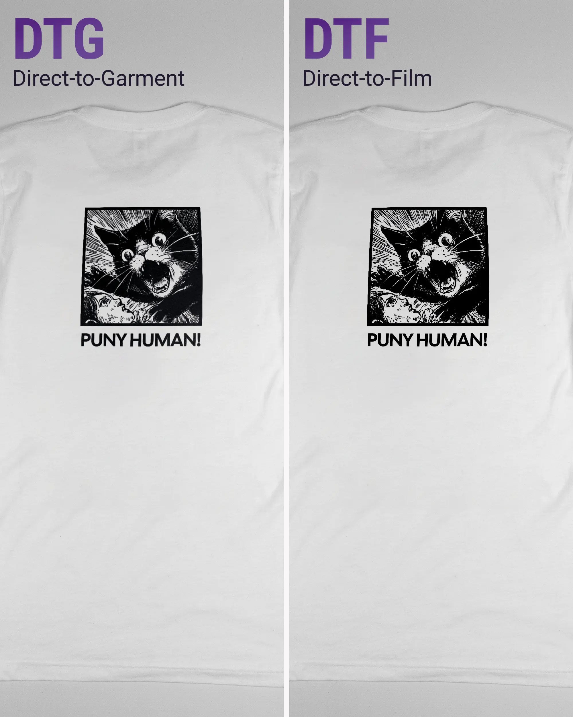 Vergleich der Rückseiten des Basic Unisex T-Shirt Light von Maondo mit dem Design Puny Human in der Farbe White und in der Größe S links mit dem Direct-to-Garment und rechts mit dem Direct-to-Film Verfahren