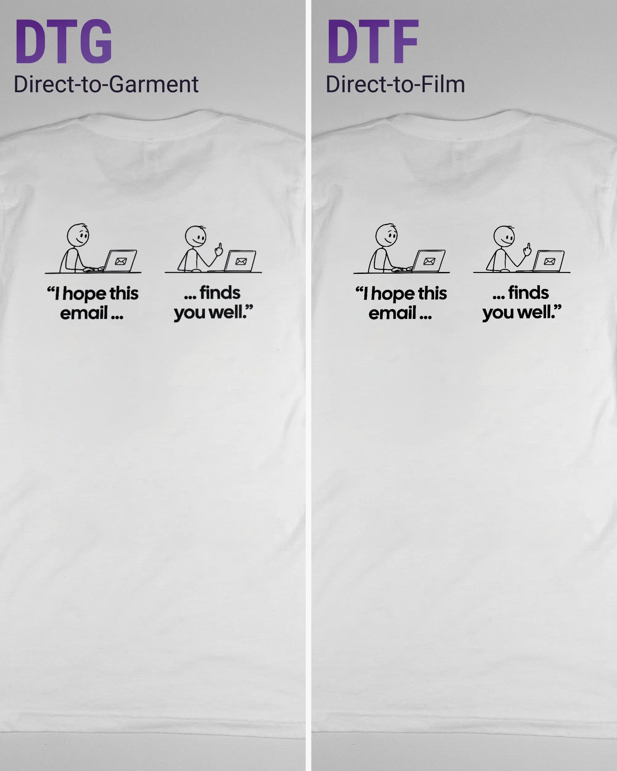 Vergleich der Rückseiten des Basic Unisex T-Shirt Light von Maondo mit dem Design Found me not well in der Farbe White und in der Größe S links mit dem Direct-to-Garment und rechts mit dem Direct-to-Film Verfahren