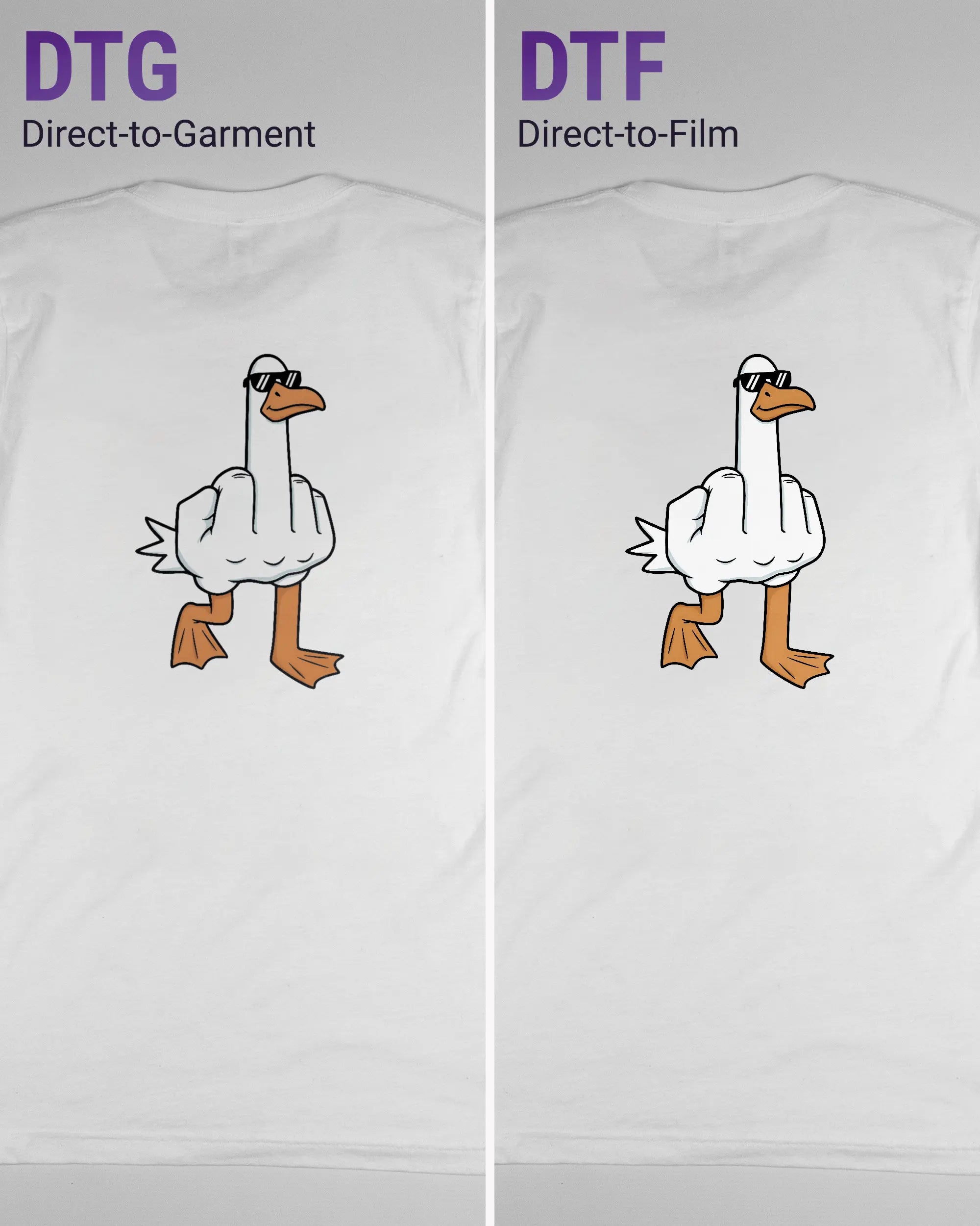 Vergleich der Rückseiten des Basic Unisex T-Shirt Light von Maondo mit dem Design I give a duck in der Farbe White und in der Größe S links mit dem Direct-to-Garment und rechts mit dem Direct-to-Film Verfahren