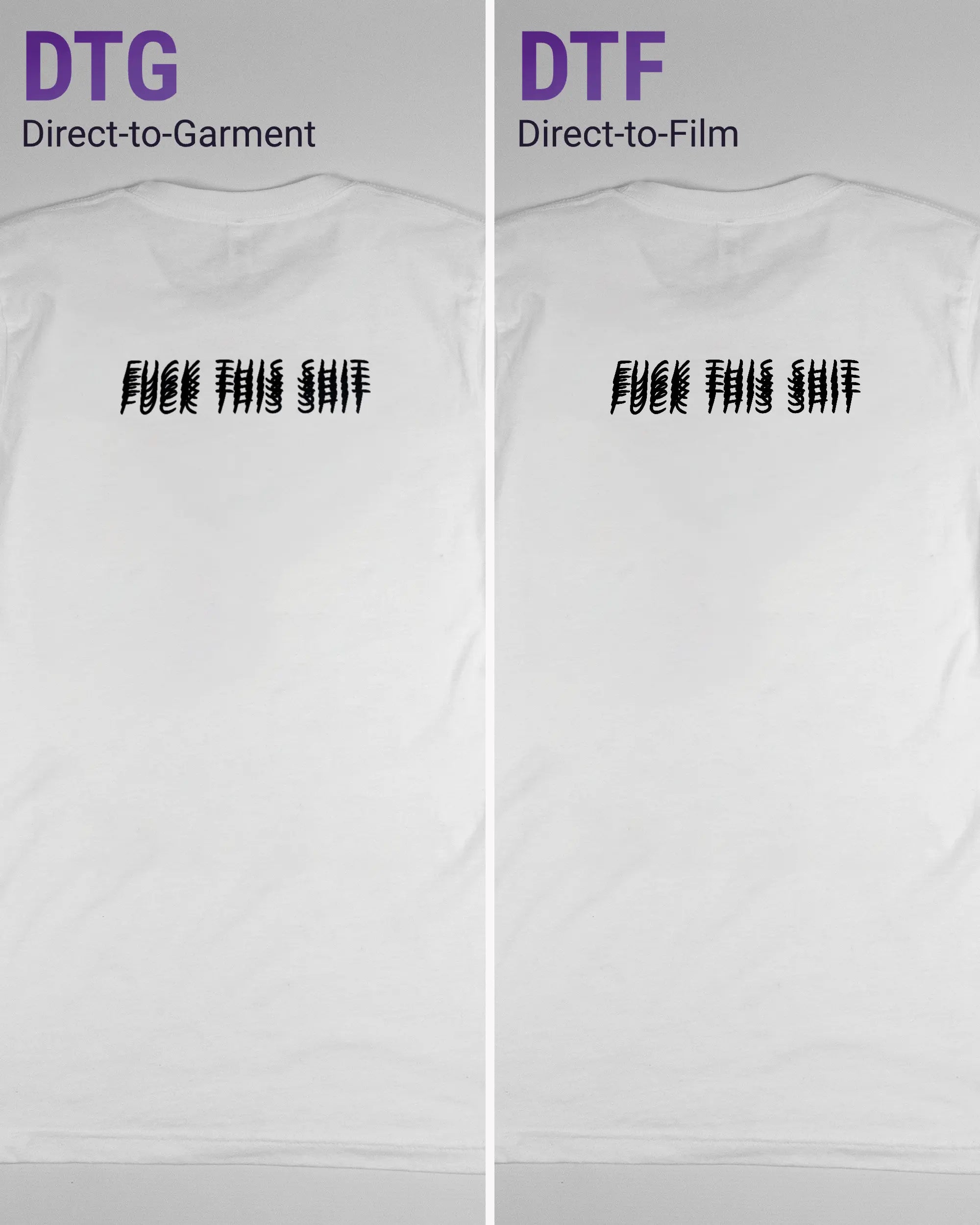 Vergleich der Rückseiten des Basic Unisex T-Shirt Light von Maondo mit dem Design Hidden Message in der Farbe White und in der Größe S links mit dem Direct-to-Garment und rechts mit dem Direct-to-Film Verfahren