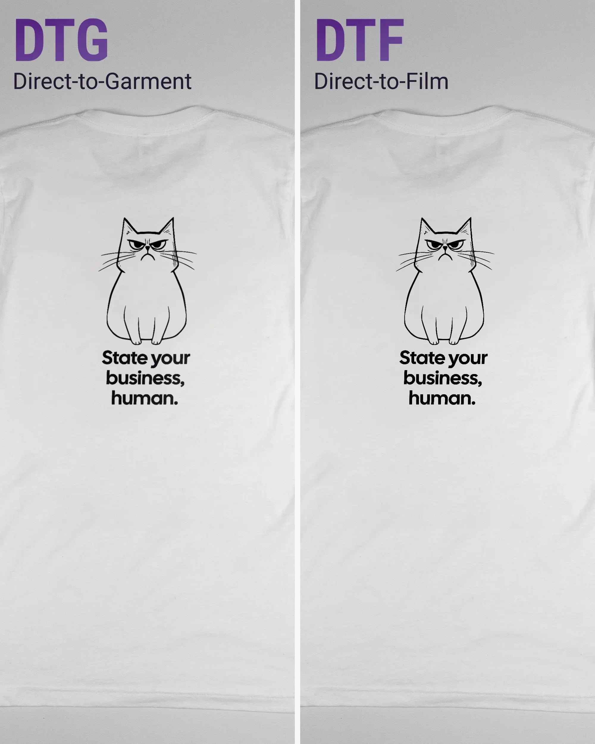 Vergleich der Rückseiten des Basic Unisex T-Shirt Light von Maondo mit dem Design Grumpy Purr in der Farbe White und in der Größe S links mit dem Direct-to-Garment und rechts mit dem Direct-to-Film Verfahren