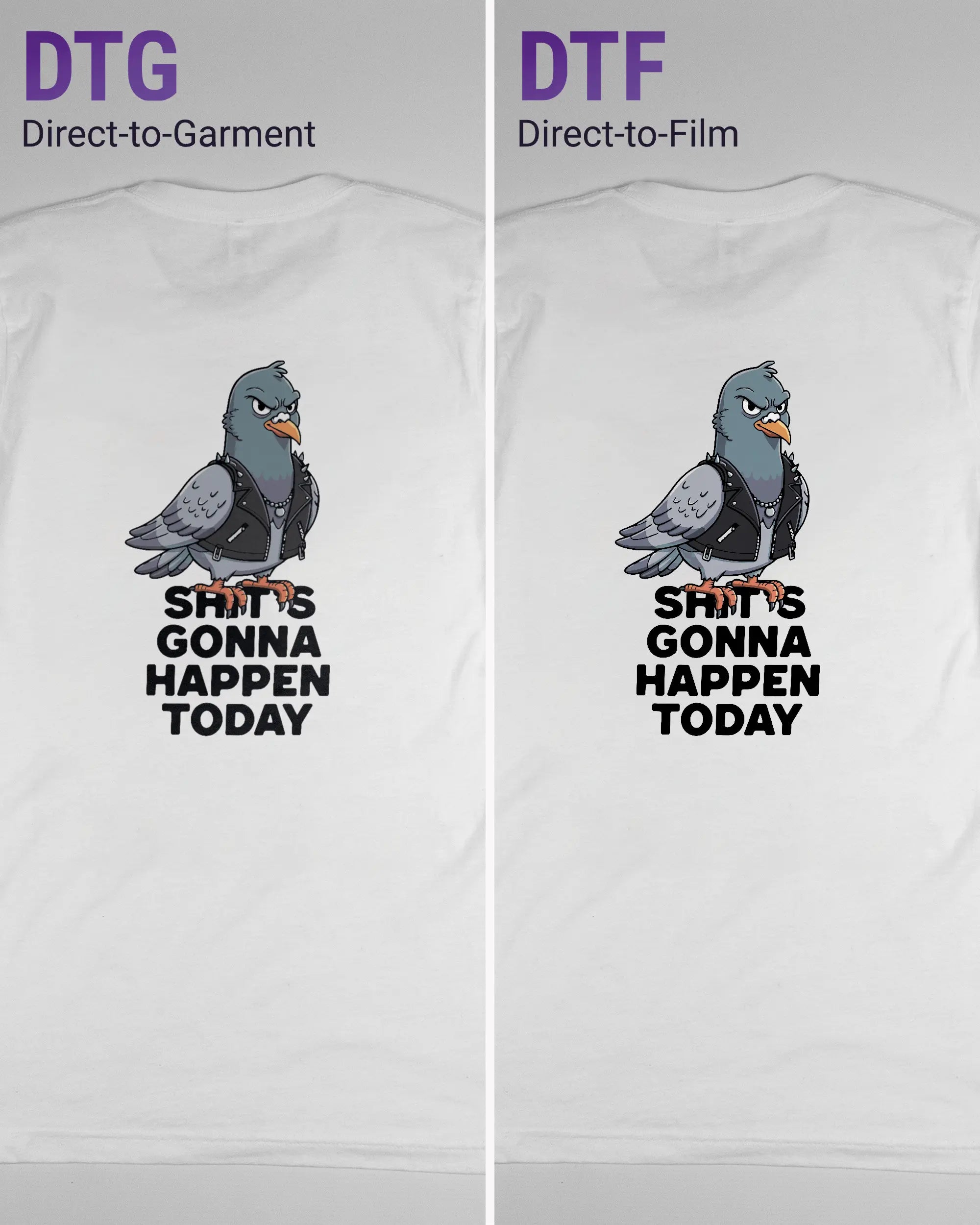 Vergleich der Rückseiten des Basic Unisex T-Shirt Light von Maondo mit dem Design Pigeon Pun in der Farbe White und in der Größe S links mit dem Direct-to-Garment und rechts mit dem Direct-to-Film Verfahren