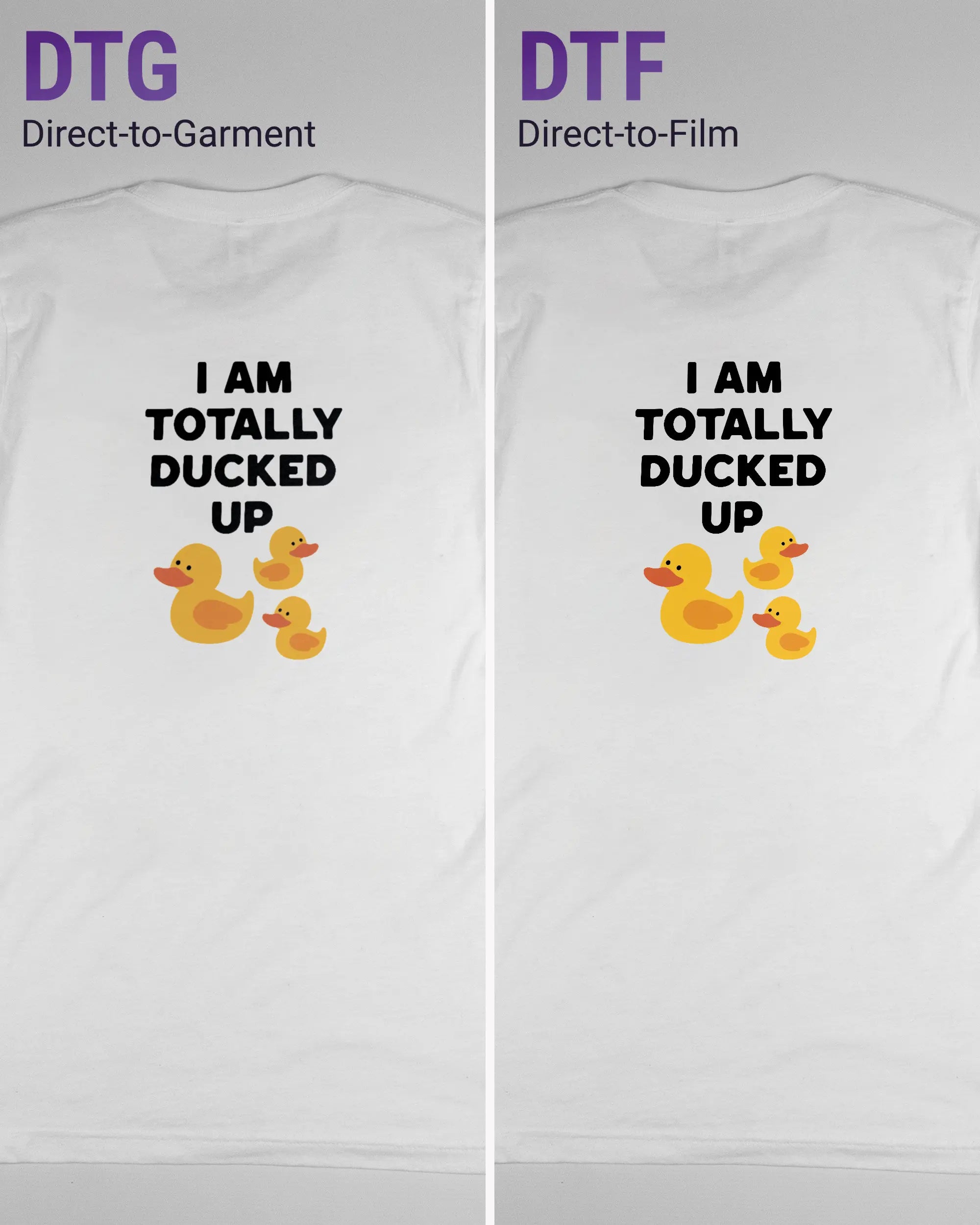 Vergleich der Rückseiten des Basic Unisex T-Shirt Light von Maondo mit dem Design Ducked Up in der Farbe White und in der Größe S links mit dem Direct-to-Garment und rechts mit dem Direct-to-Film Verfahren