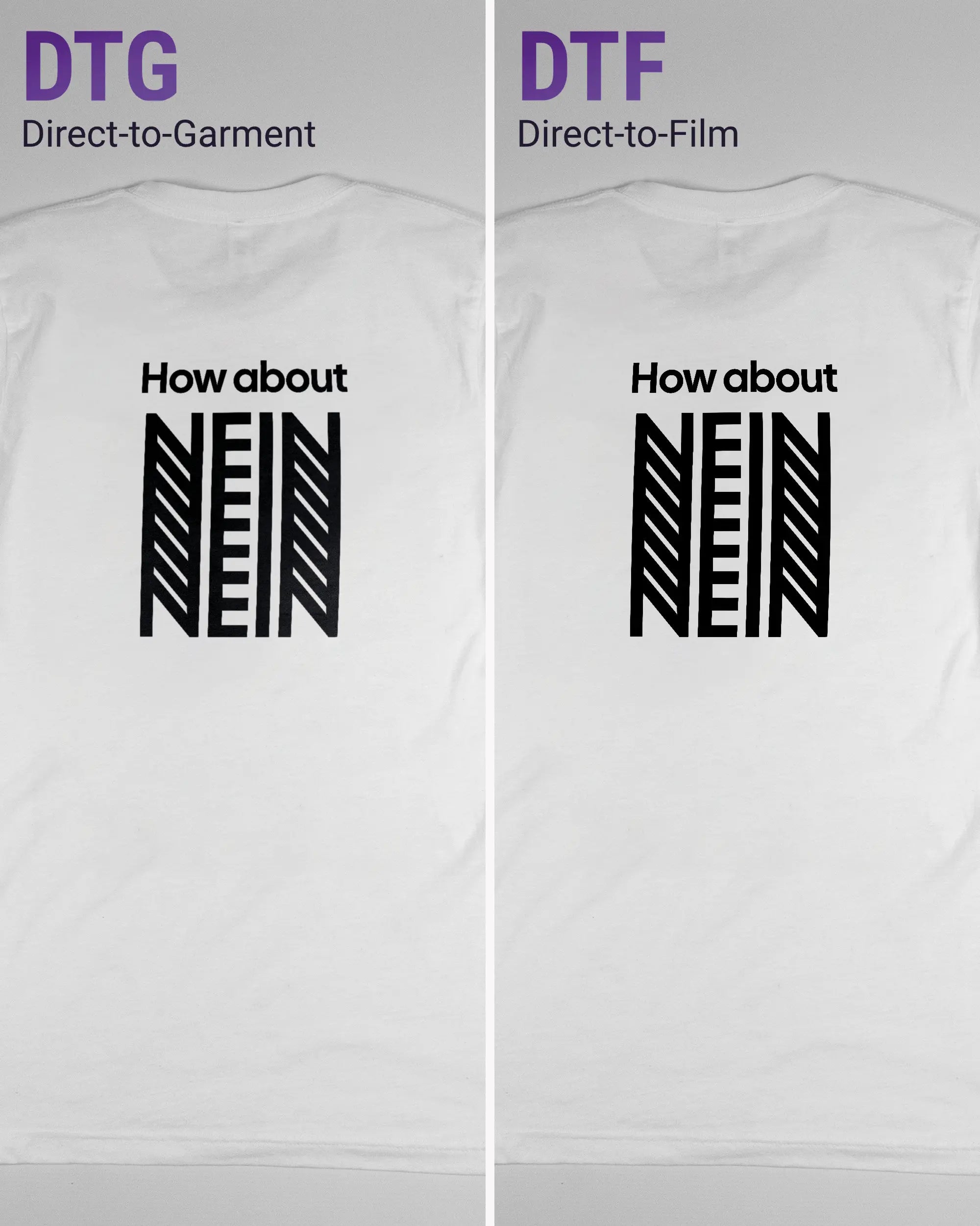 Vergleich der Rückseiten des Basic Unisex T-Shirt Light von Maondo mit dem Design How about nein in der Farbe White und in der Größe S links mit dem Direct-to-Garment und rechts mit dem Direct-to-Film Verfahren