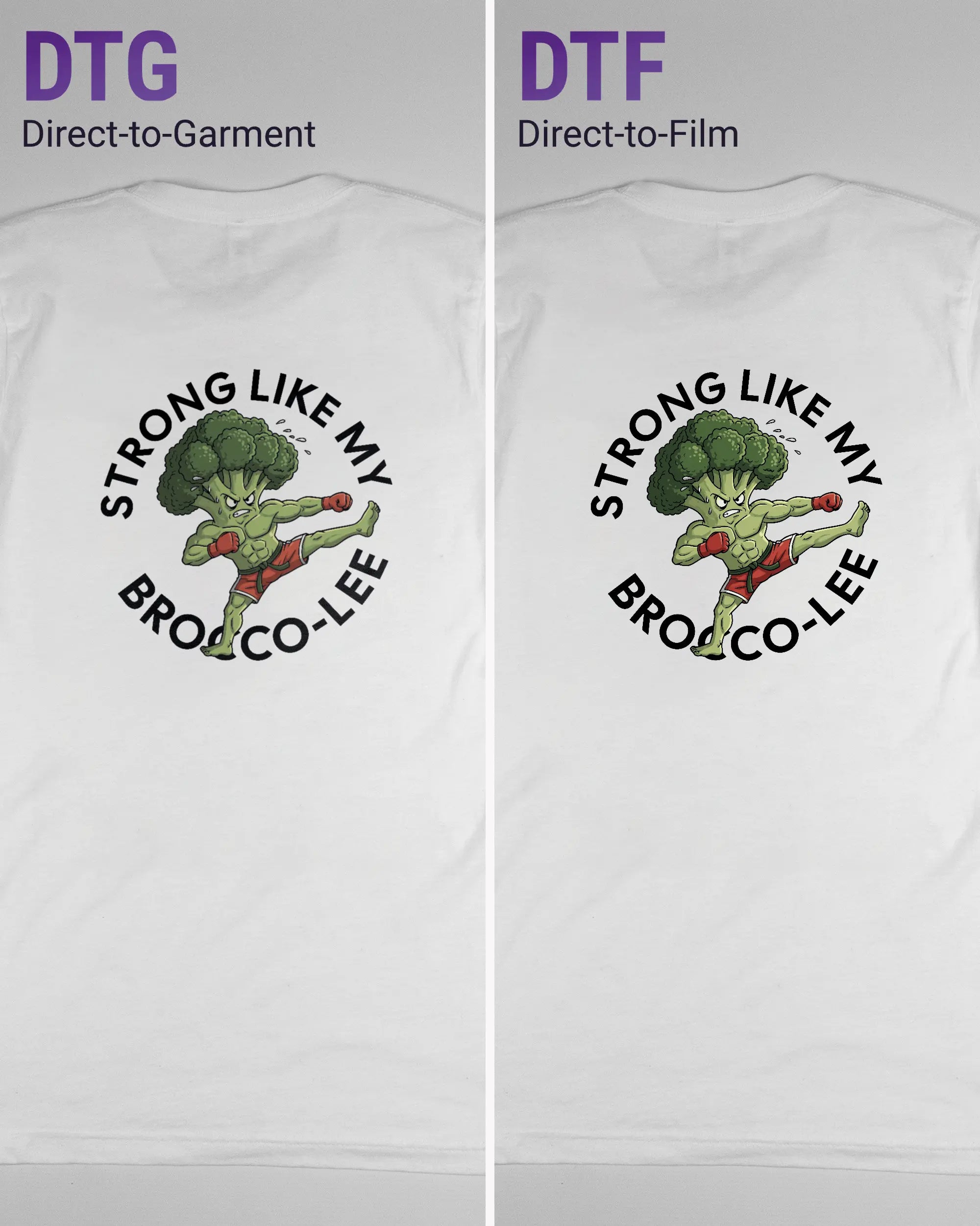 Vergleich der Rückseiten des Basic Unisex T-Shirt Light von Maondo mit dem Design Brocco-Lee in der Farbe White und in der Größe S links mit dem Direct-to-Garment und rechts mit dem Direct-to-Film Verfahren