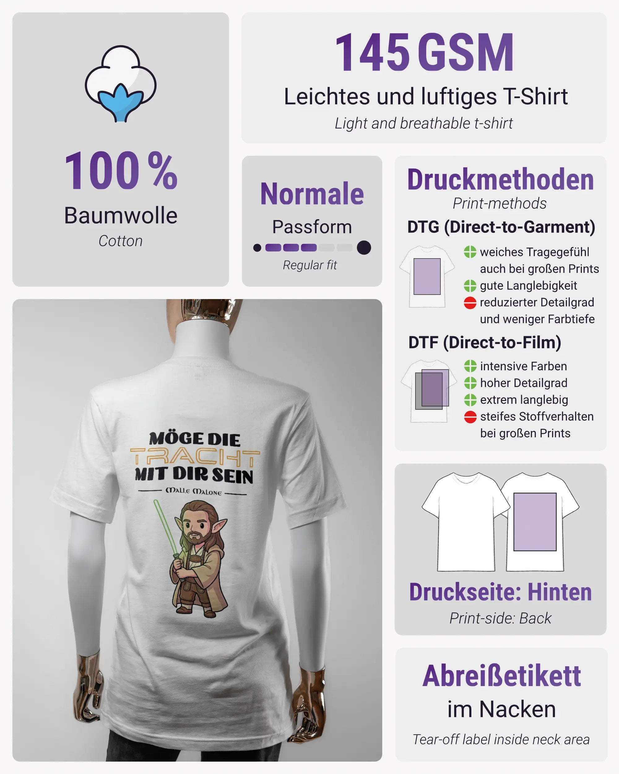 Produktinformationsblatt des Basic Unisex T-Shirt Light von Maondo mit dem Design Tracht mit dir hinten in der Farbe White und in der Größe S