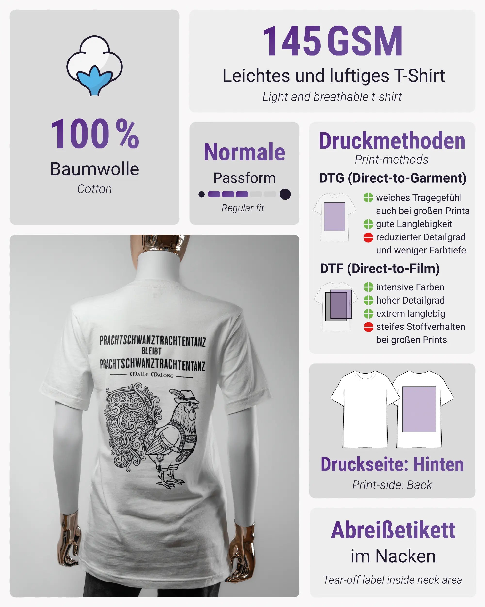 Produktinformationsblatt des Basic Unisex T-Shirt Light von Maondo mit dem Design Trachtentanz hinten in der Farbe White und in der Größe S
