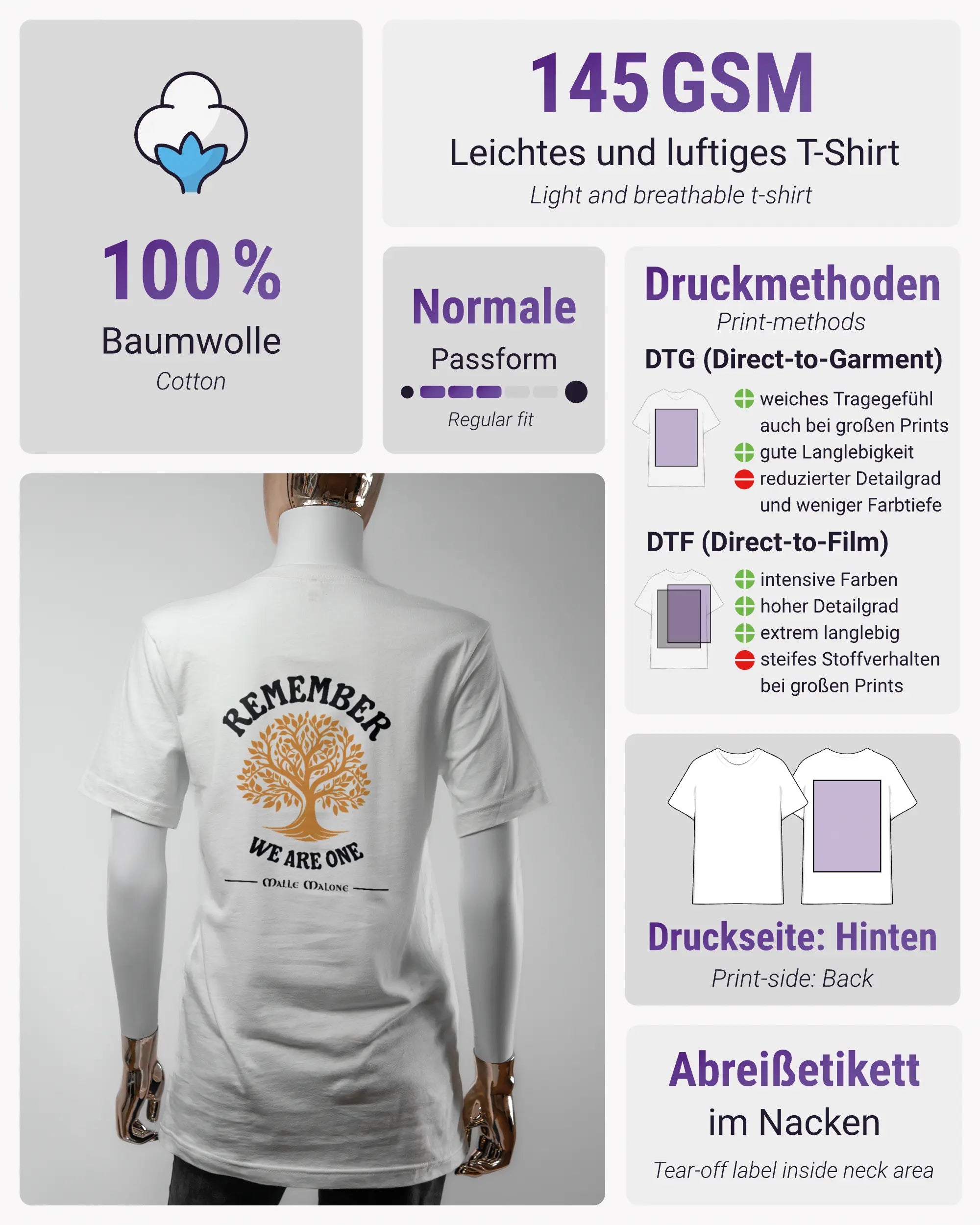 Produktinformationsblatt des Basic Unisex T-Shirt Light von Maondo mit dem Design We are one hinten in der Farbe White und in der Größe S
