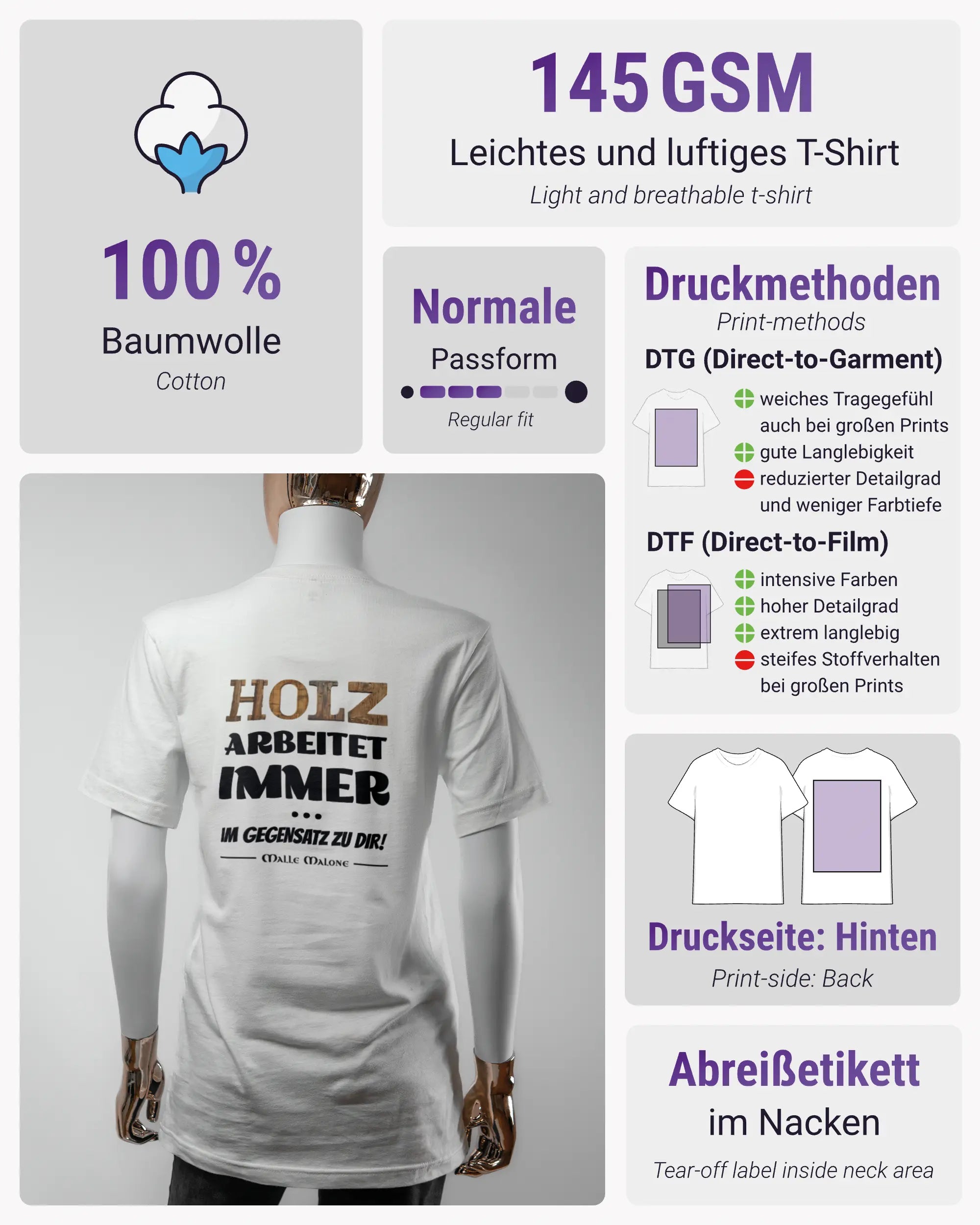 Produktinformationsblatt des Basic Unisex T-Shirt Light von Maondo mit dem Design Holzarbeit hinten in der Farbe White und in der Größe S