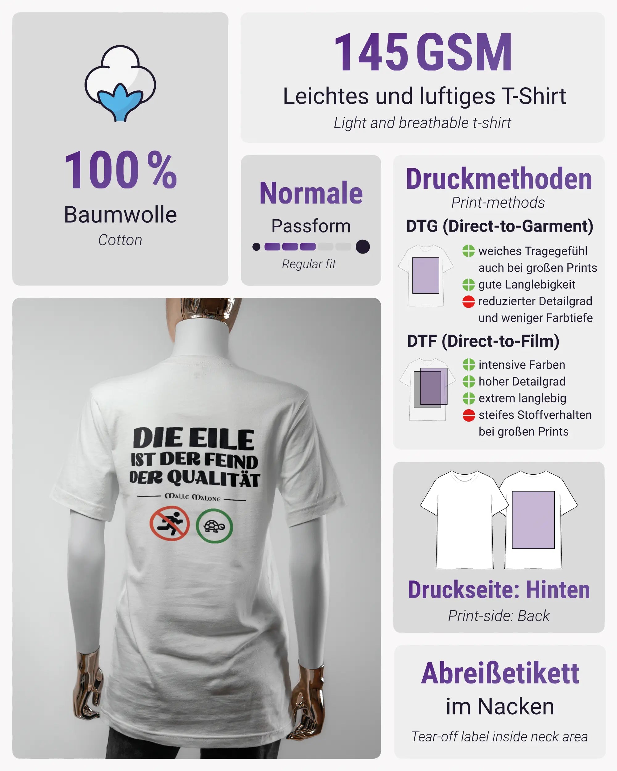 Produktinformationsblatt des Basic Unisex T-Shirt Light von Maondo mit dem Design Keine Eile hinten in der Farbe White und in der Größe S