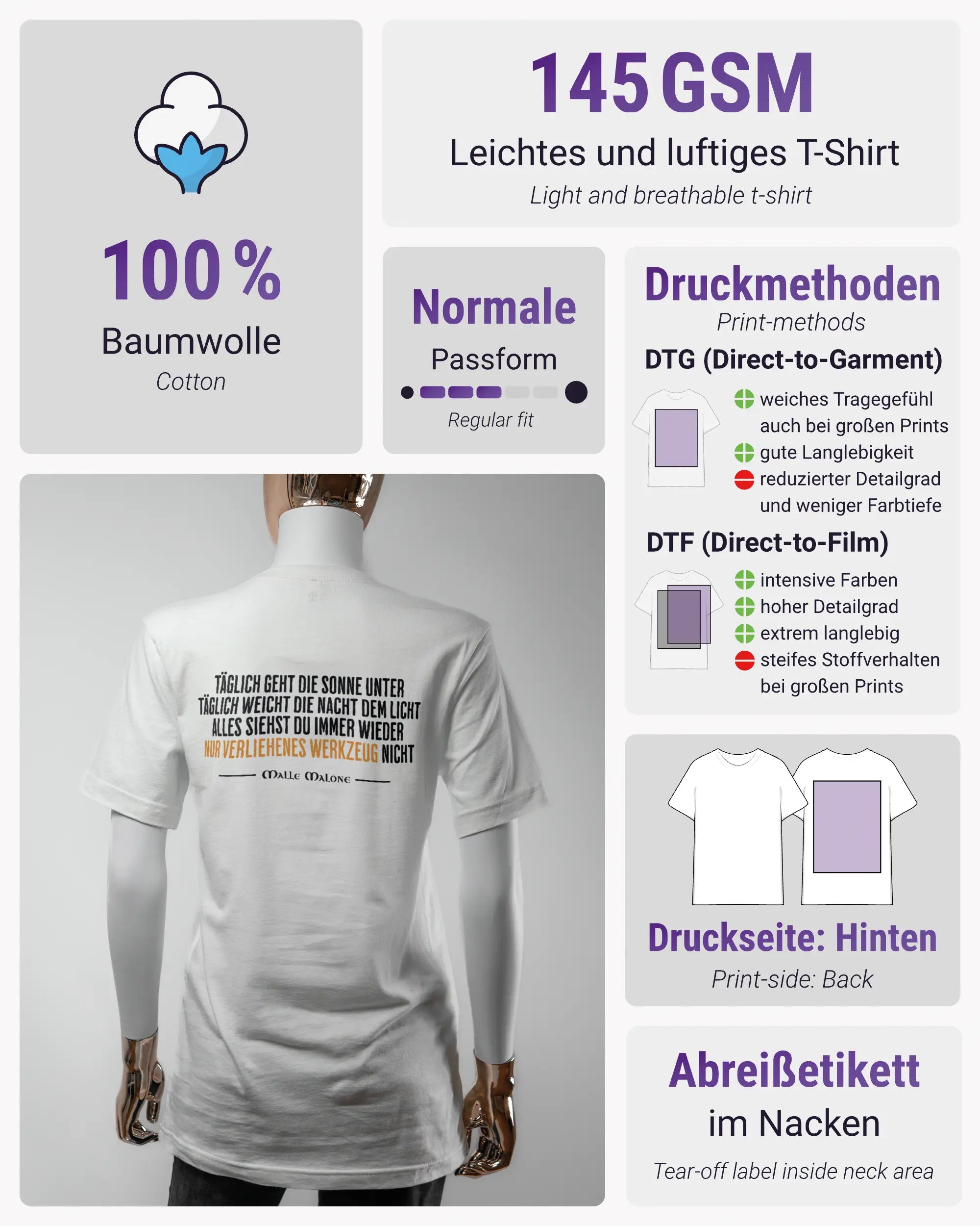 Produktinformationsblatt des Basic Unisex T-Shirt Light von Maondo mit dem Design Wegzeug hinten in der Farbe White und in der Größe S