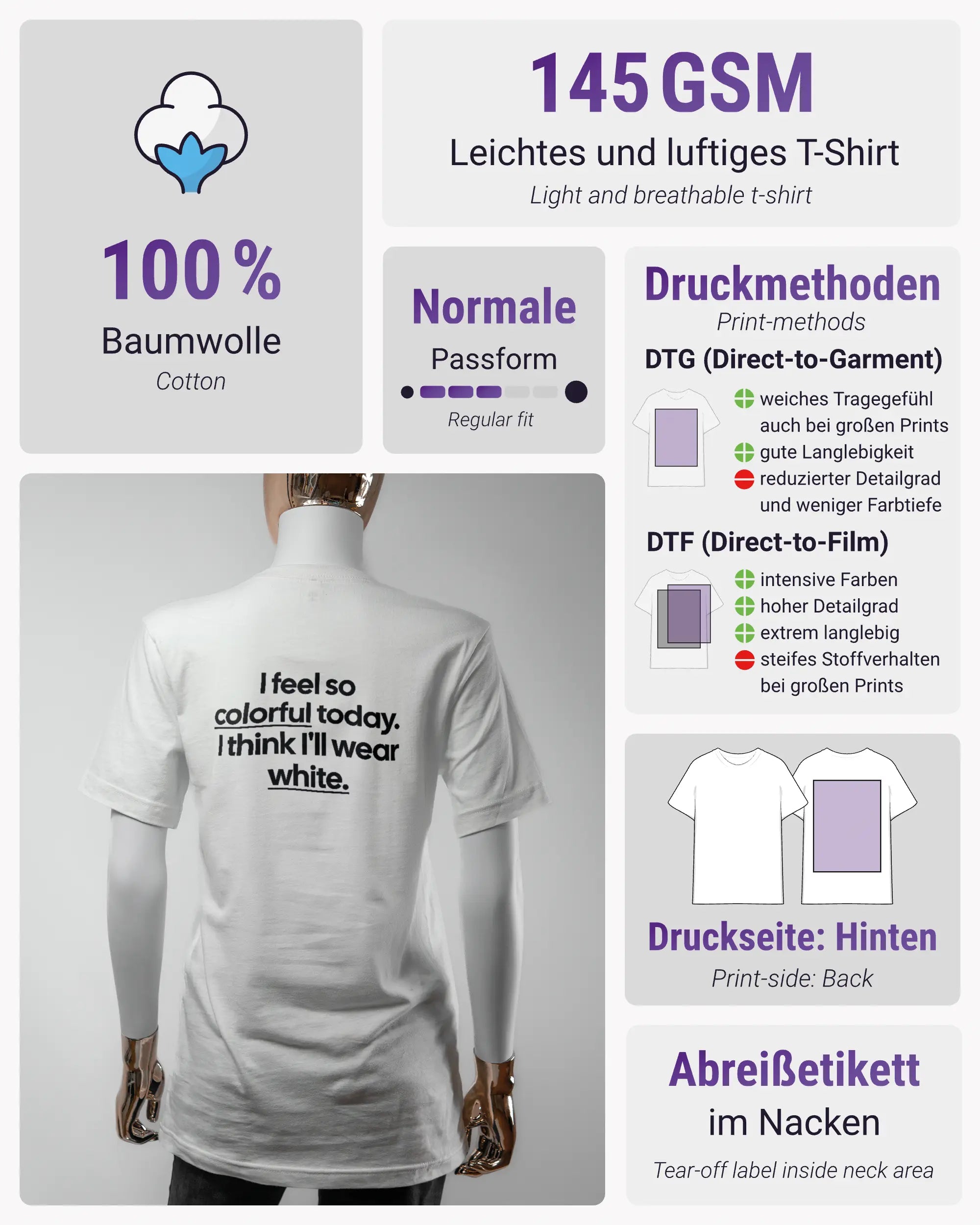 Produktinformationsblatt des Basic Unisex T-Shirt Light von Maondo mit dem Design Colorful Day hinten in der Farbe White und in der Größe S