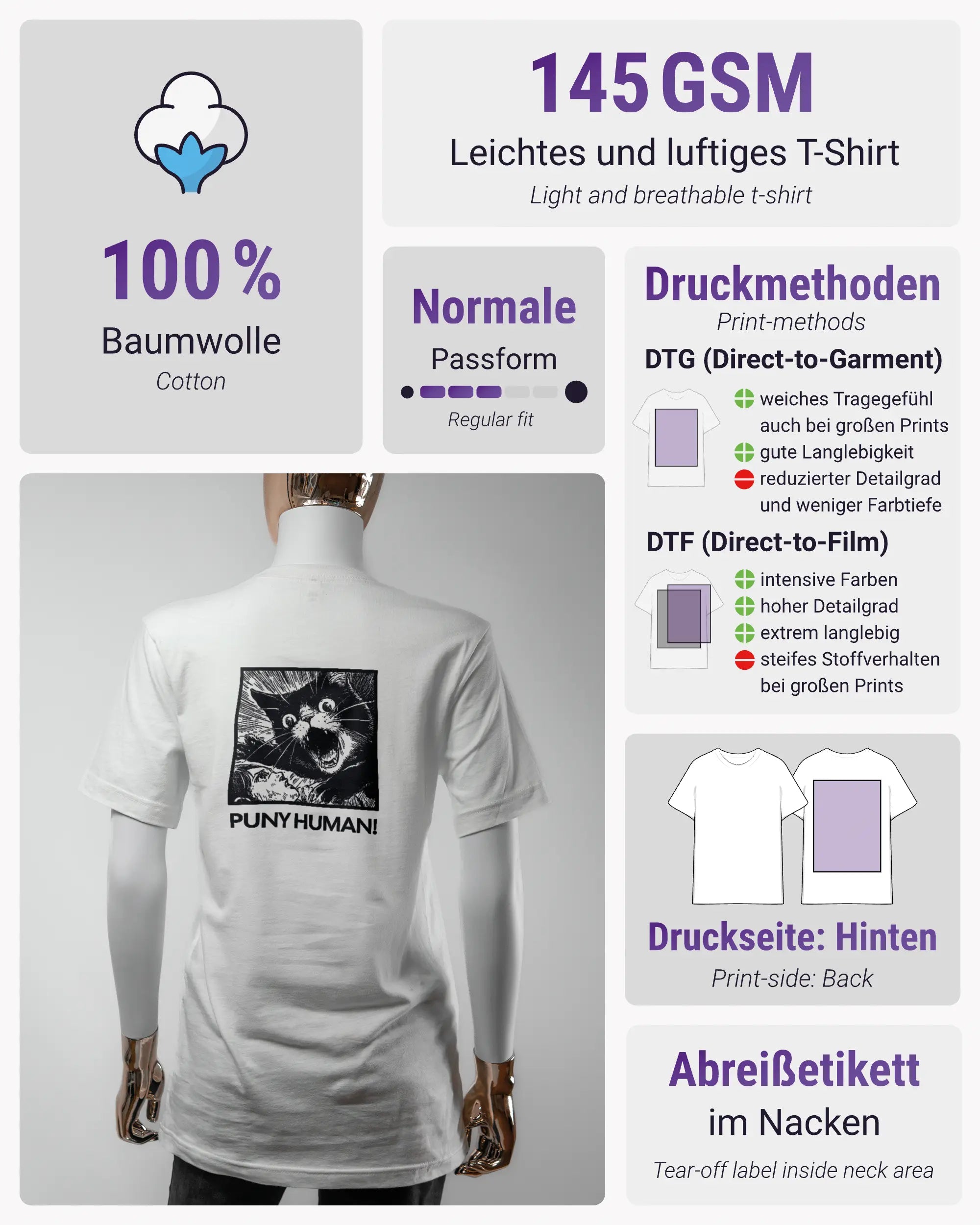 Produktinformationsblatt des Basic Unisex T-Shirt Light von Maondo mit dem Design Puny Human hinten in der Farbe White und in der Größe S
