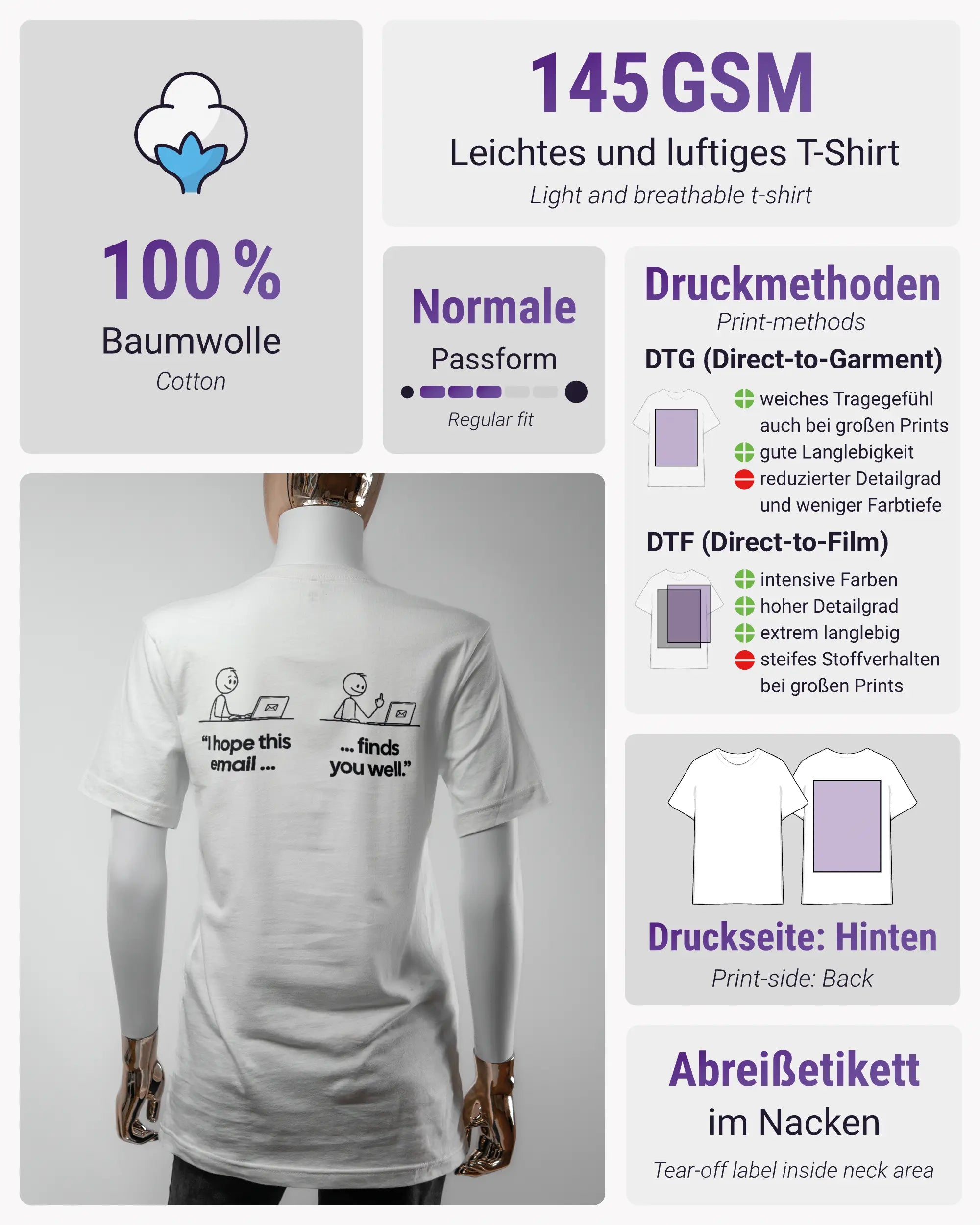 Produktinformationsblatt des Basic Unisex T-Shirt Light von Maondo mit dem Design Found me not well hinten in der Farbe White und in der Größe S