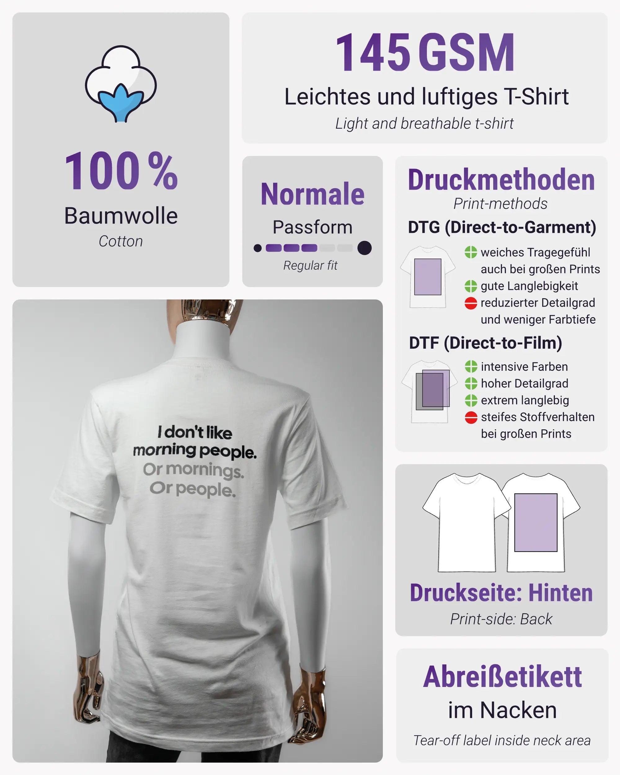 Produktinformationsblatt des Basic Unisex T-Shirt Light von Maondo mit dem Design Morning Person hinten in der Farbe White und in der Größe S