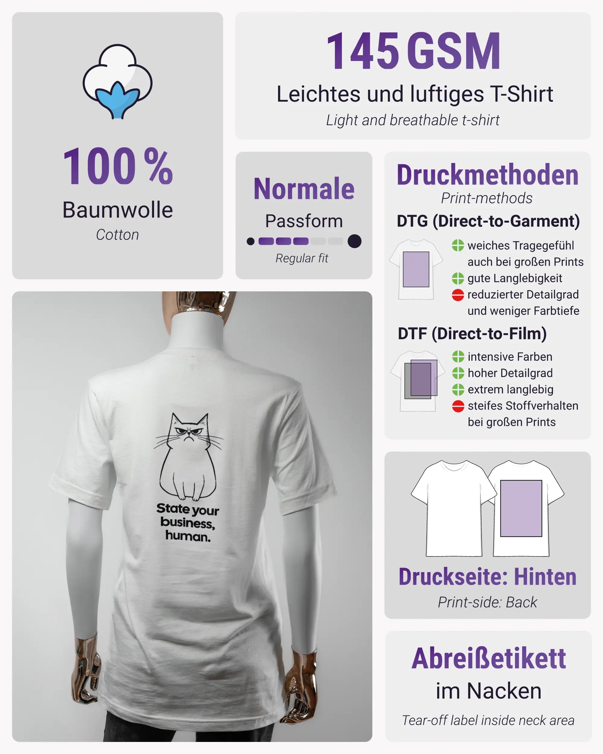 Produktinformationsblatt des Basic Unisex T-Shirt Light von Maondo mit dem Design Grumpy Purr hinten in der Farbe White und in der Größe S