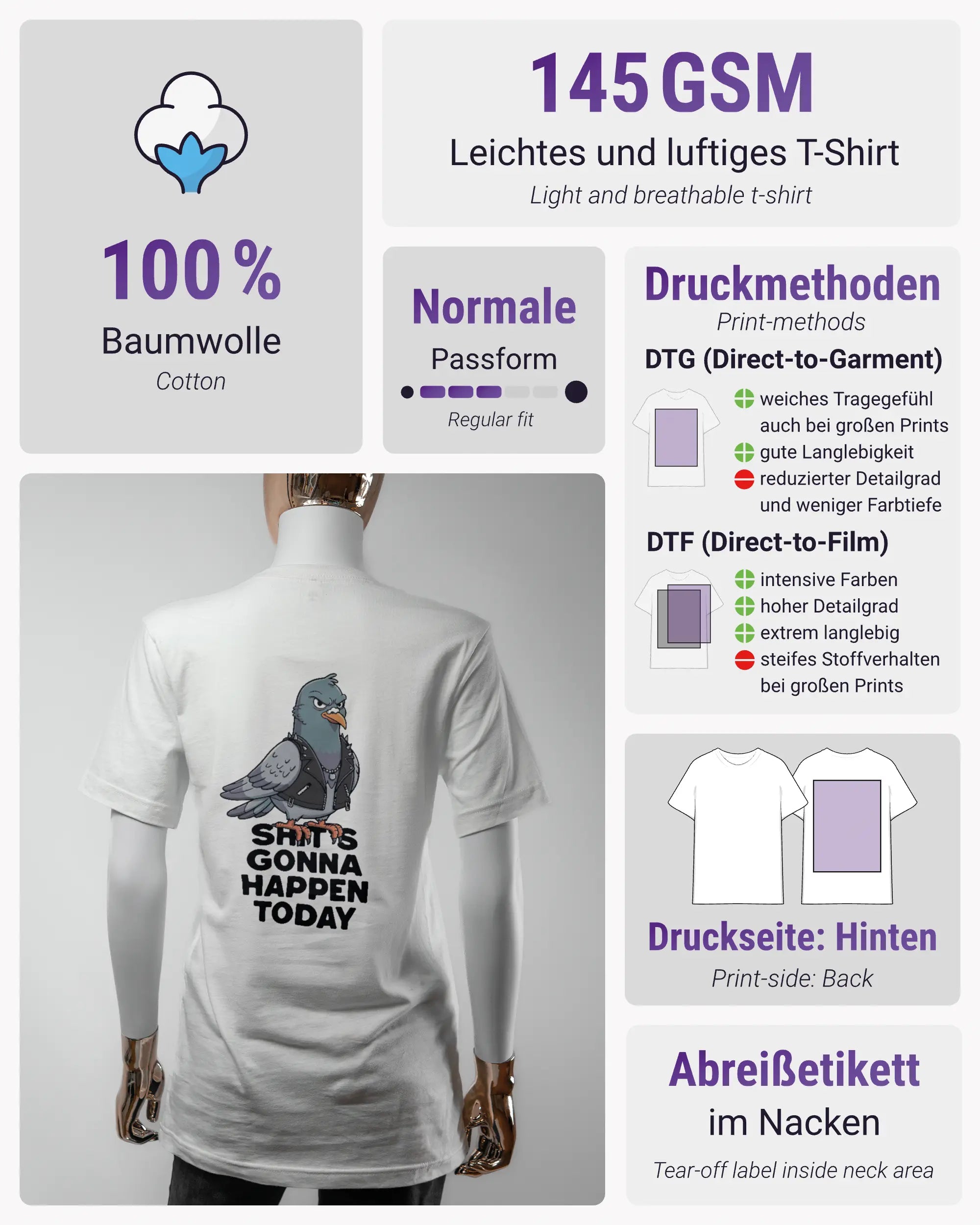Produktinformationsblatt des Basic Unisex T-Shirt Light von Maondo mit dem Design Pigeon Pun hinten in der Farbe White und in der Größe S