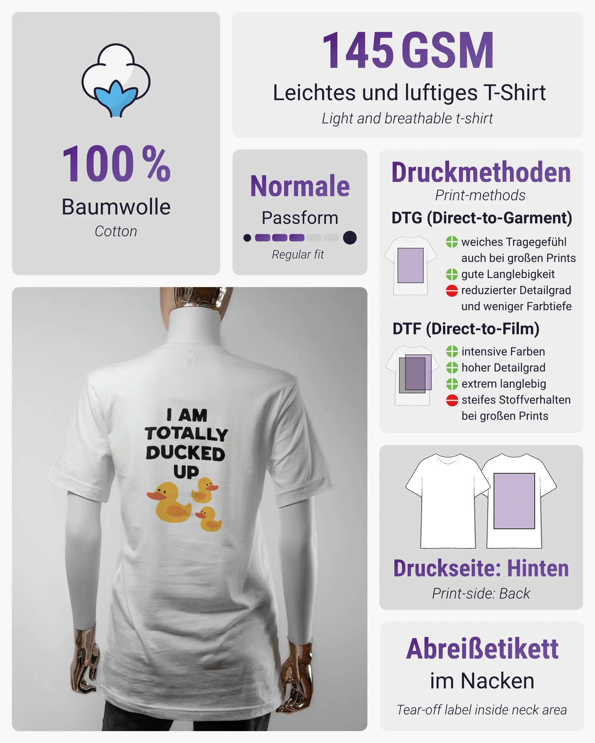 Produktinformationsblatt des Basic Unisex T-Shirt Light von Maondo mit dem Design Ducked Up hinten in der Farbe White und in der Größe S