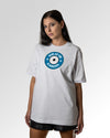 Sekundärer Modelshot der Druckseite des Organic Unisex T-Shirts von Maondo im Oversized Fit mit dem Design Blaumachen in der Farbe White