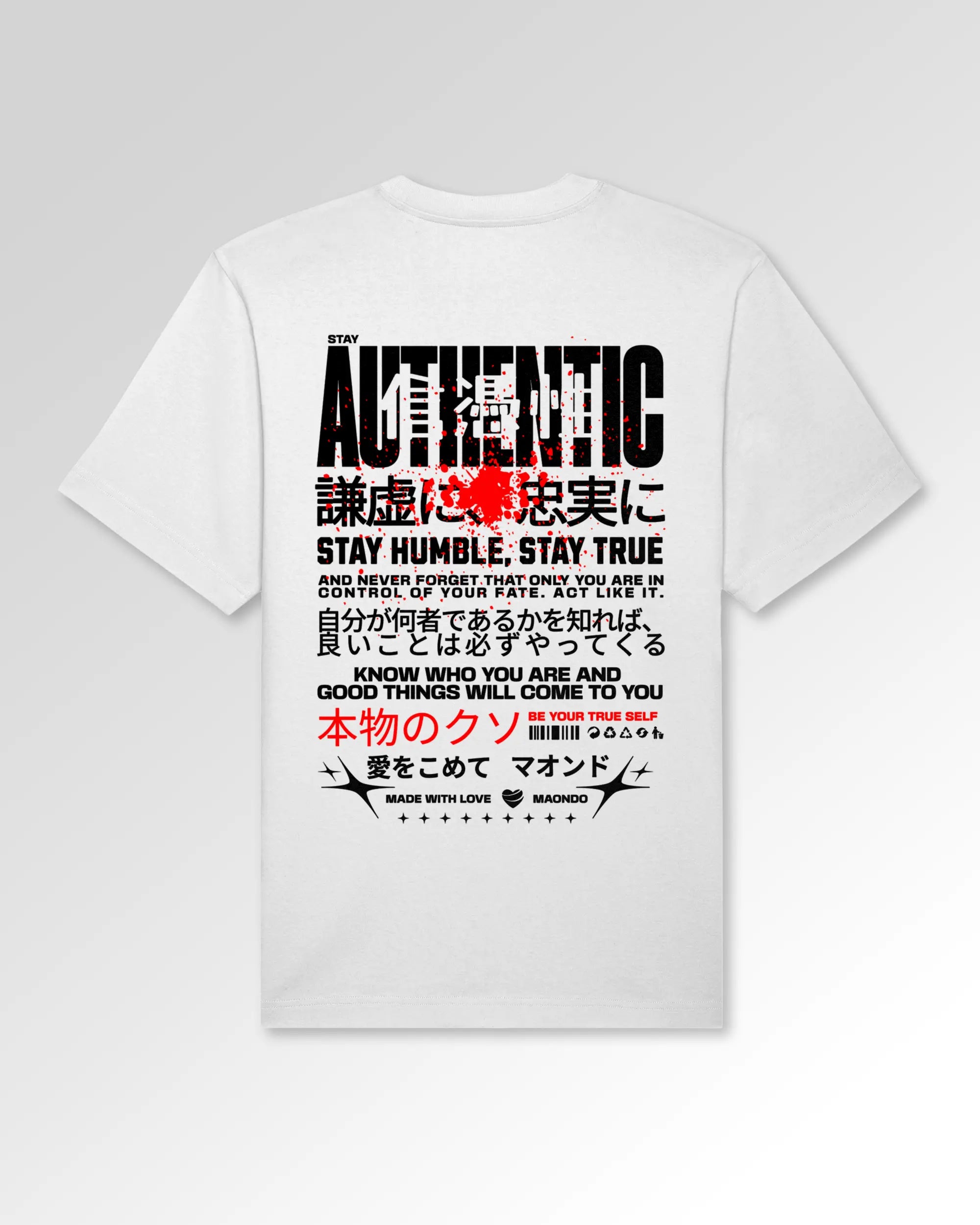 Packshot der sekundären Druckseite des Organic Unisex T-Shirts von Maondo im Oversized Fit mit dem Design Authentic Shit in der Farbe White