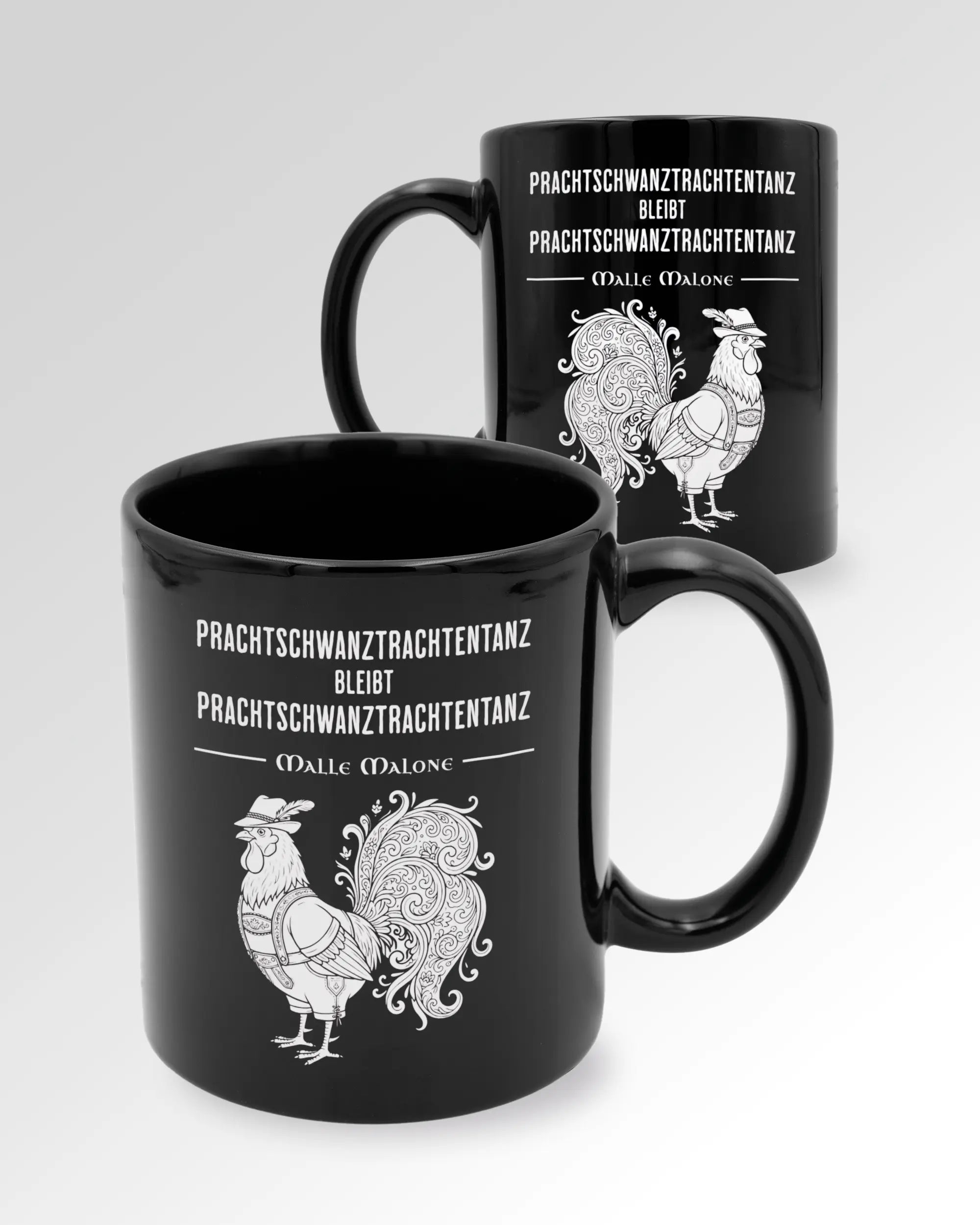 Seitenansicht der beidseitig bedruckten Keramiktasse von Maondo mit dem Design Trachtentanz in der Farbe Black